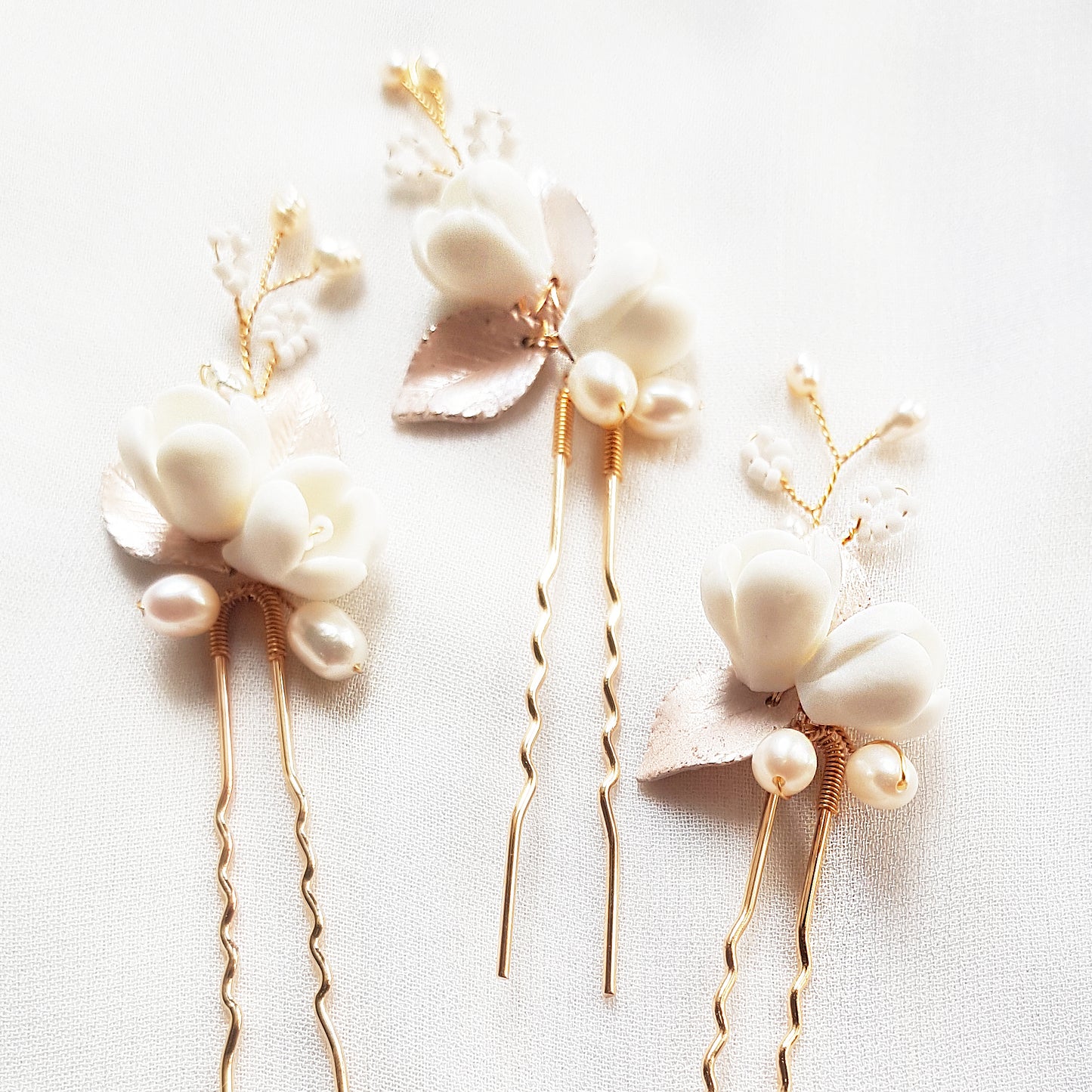 Flower hair accessories wedding, white flower comb rose gold