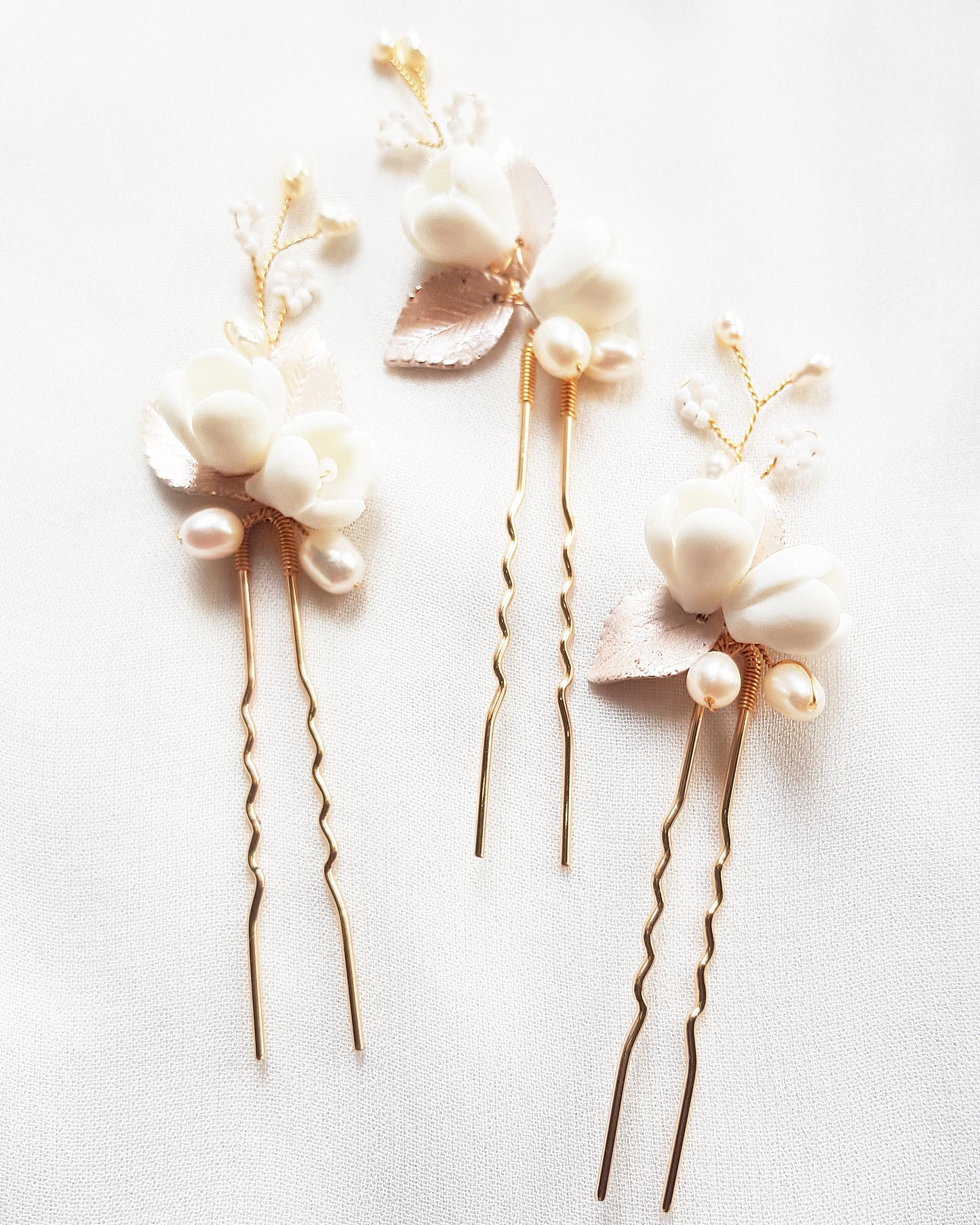 Flower hair accessories wedding, white flower comb rose gold