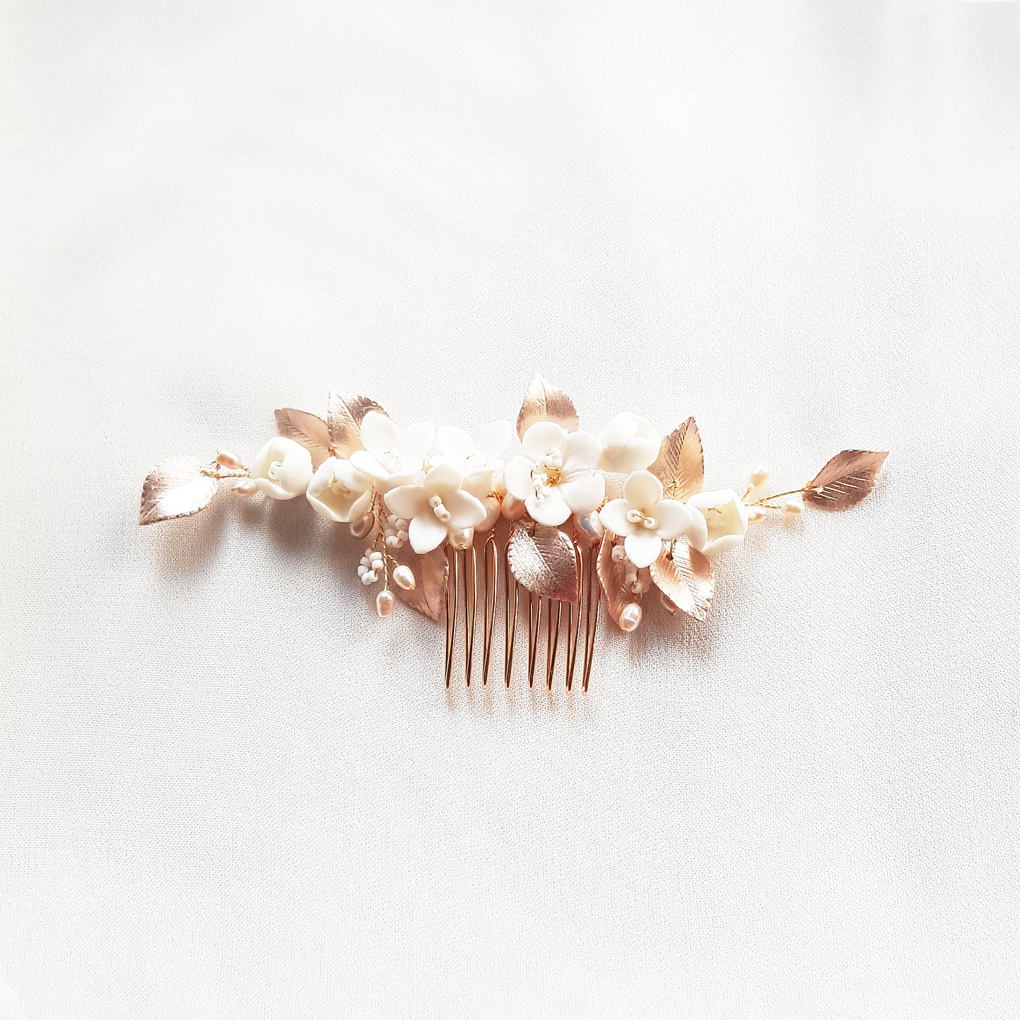 Flower hair accessories wedding, white flower comb rose gold