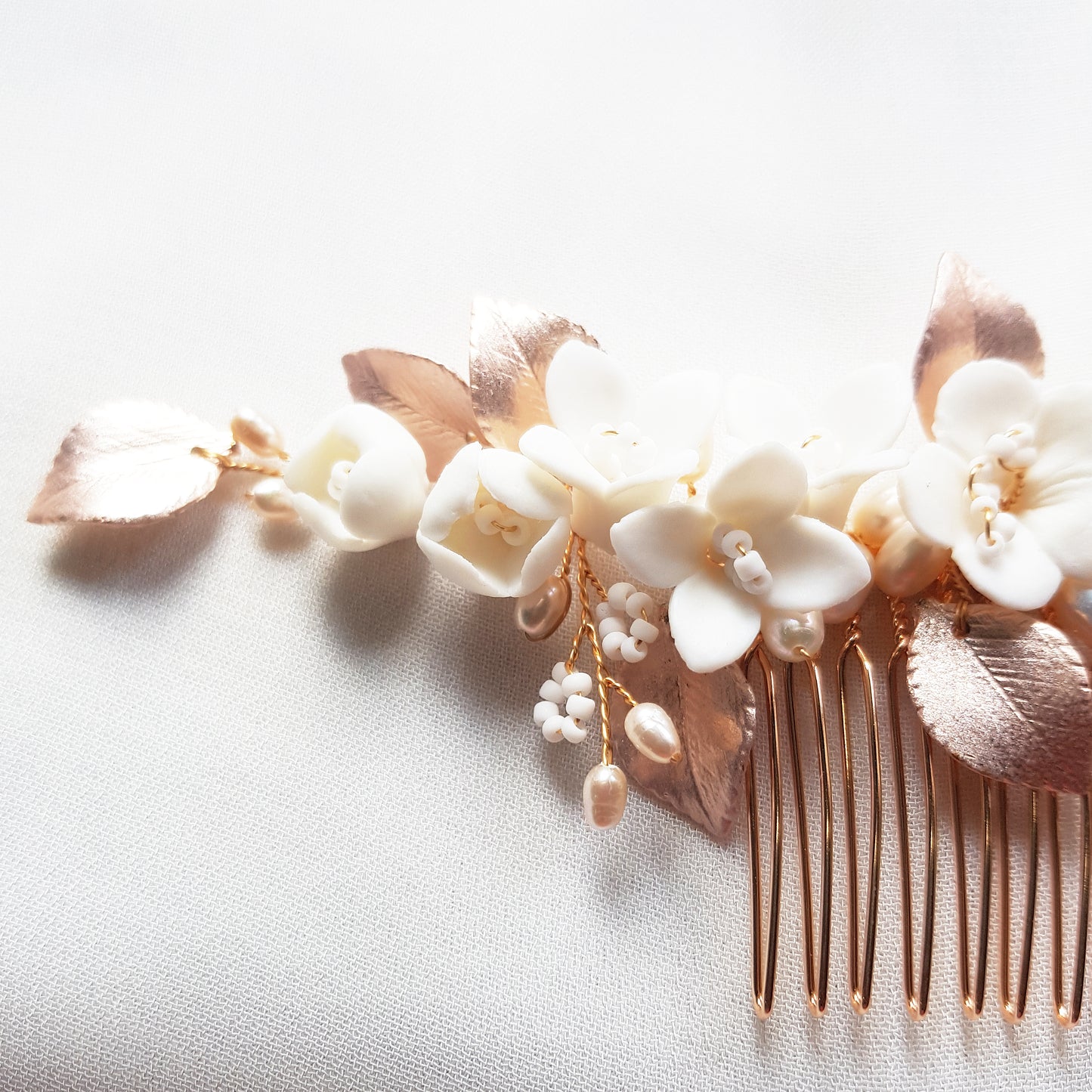 Flower hair accessories wedding, white flower comb rose gold