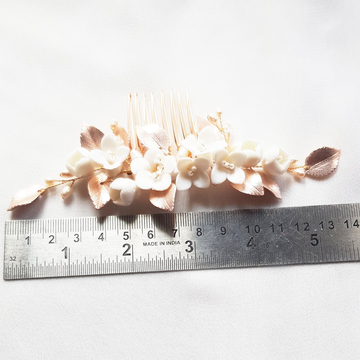 Flower hair accessories wedding, white flower comb rose gold