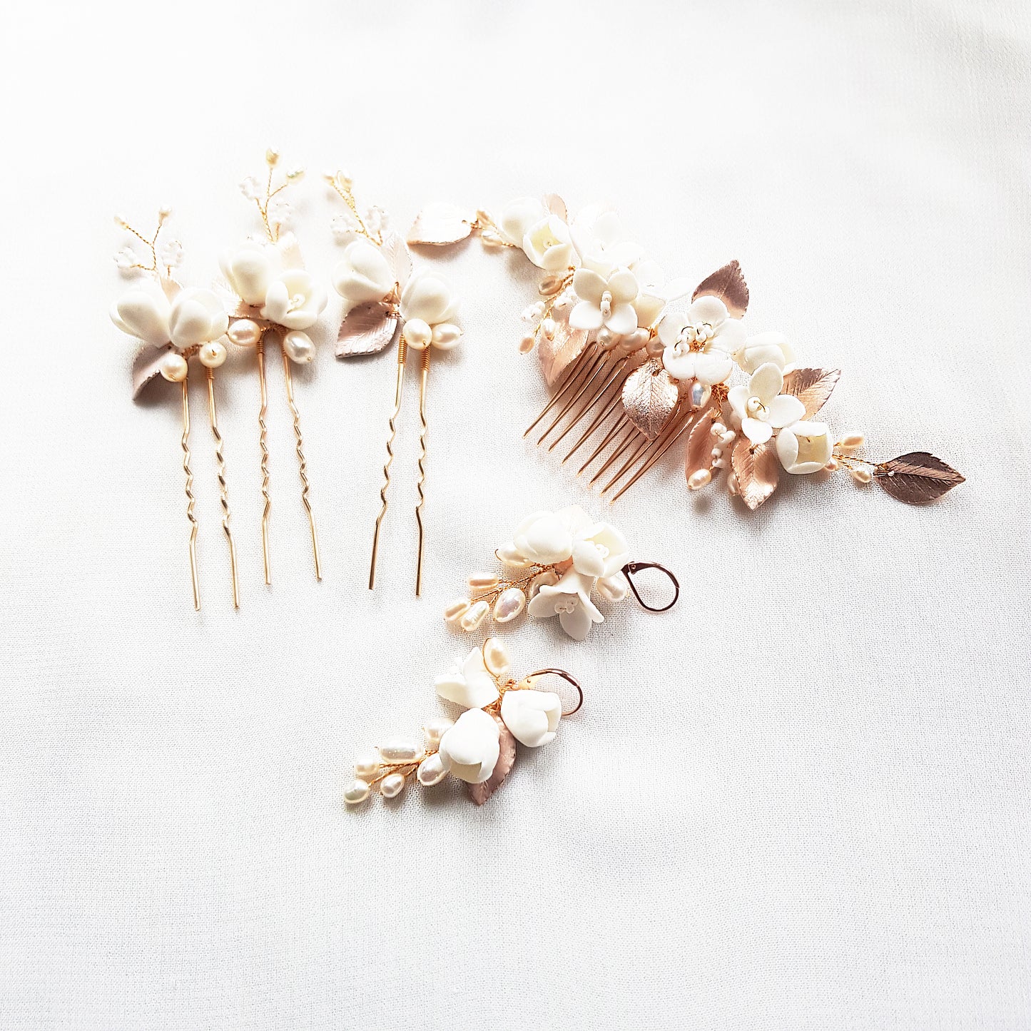 Flower hair accessories wedding, white flower comb rose gold