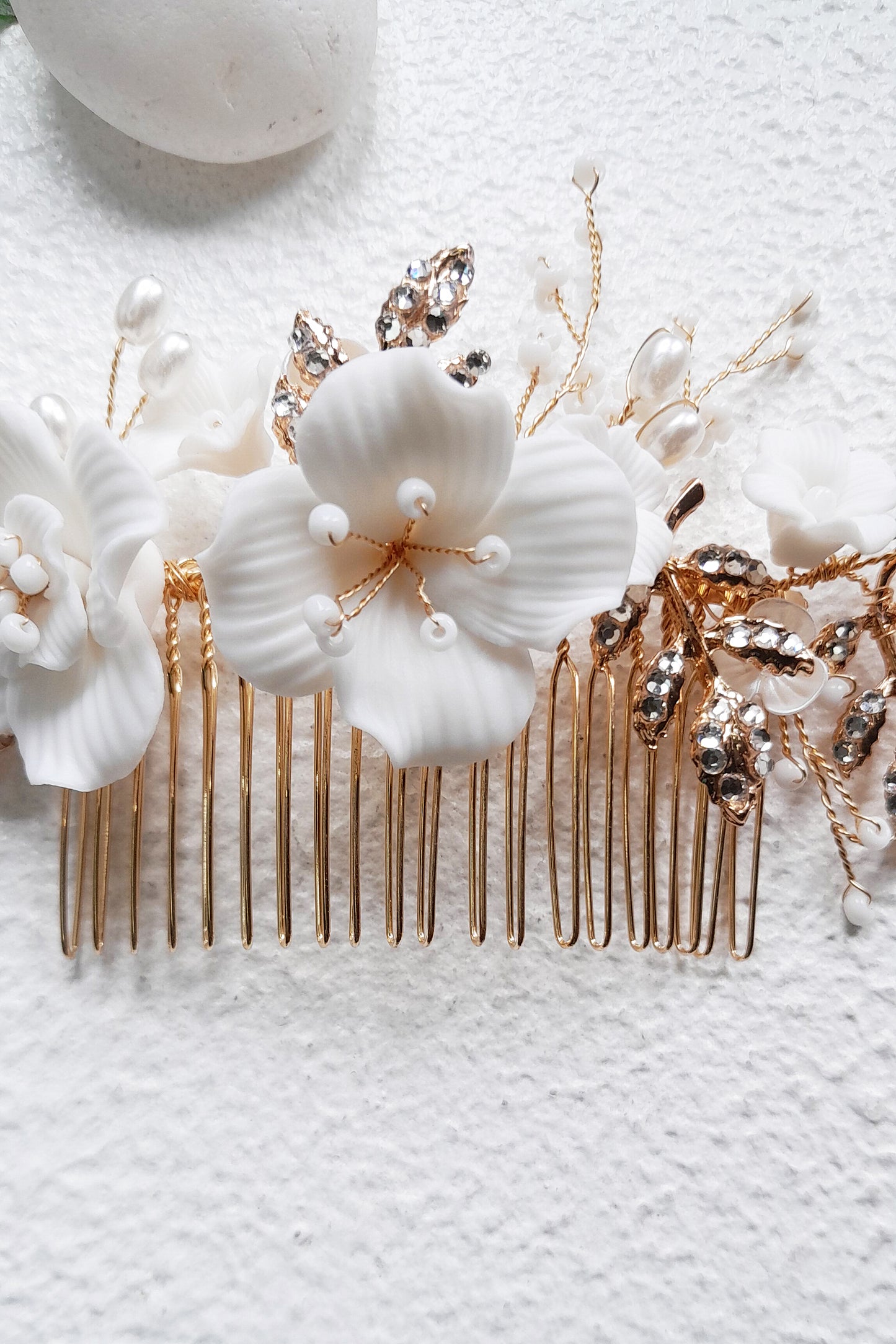 Gold Ceramic Flower Bridal Comb