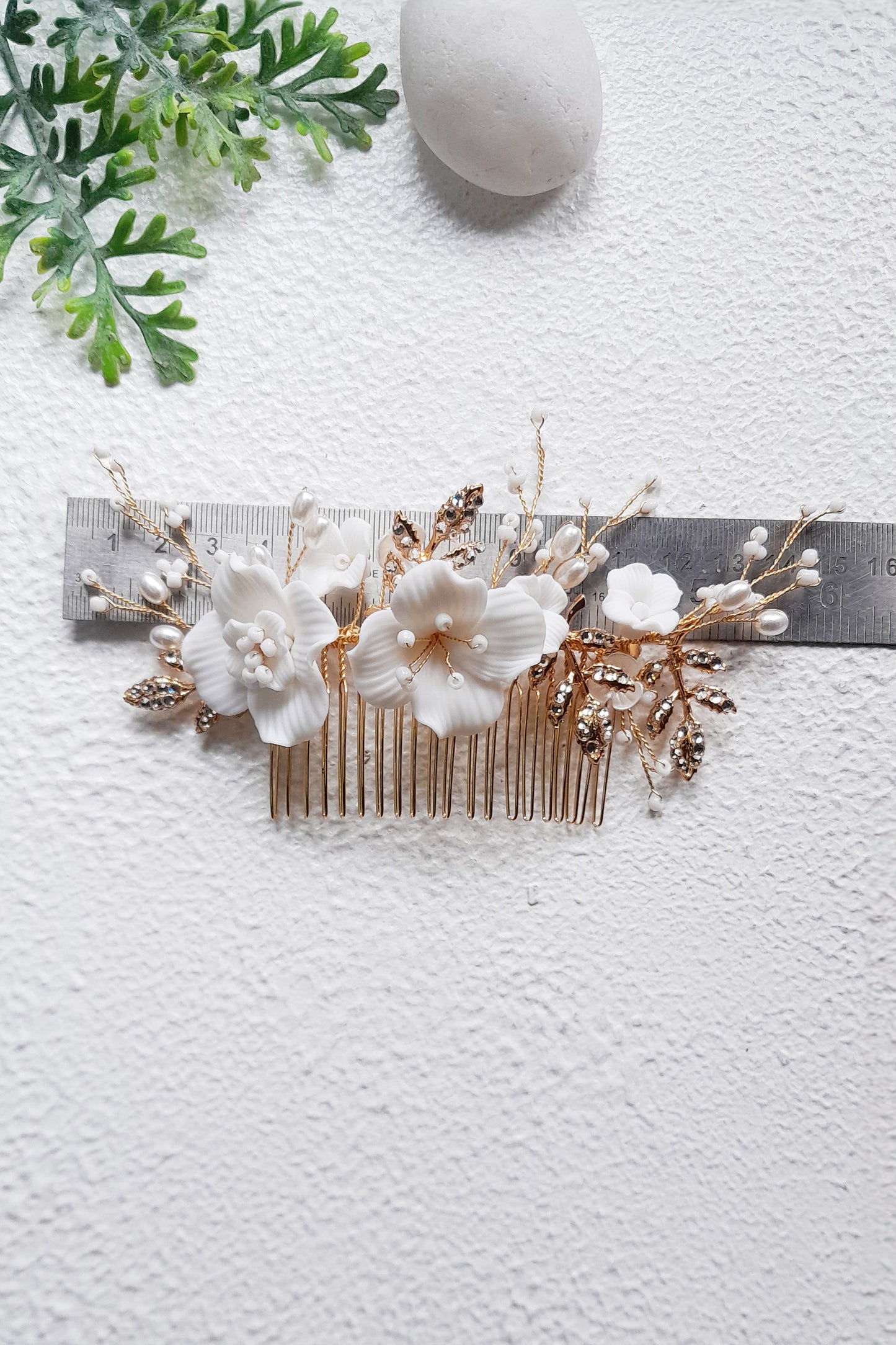Gold Ceramic Flower Bridal Comb