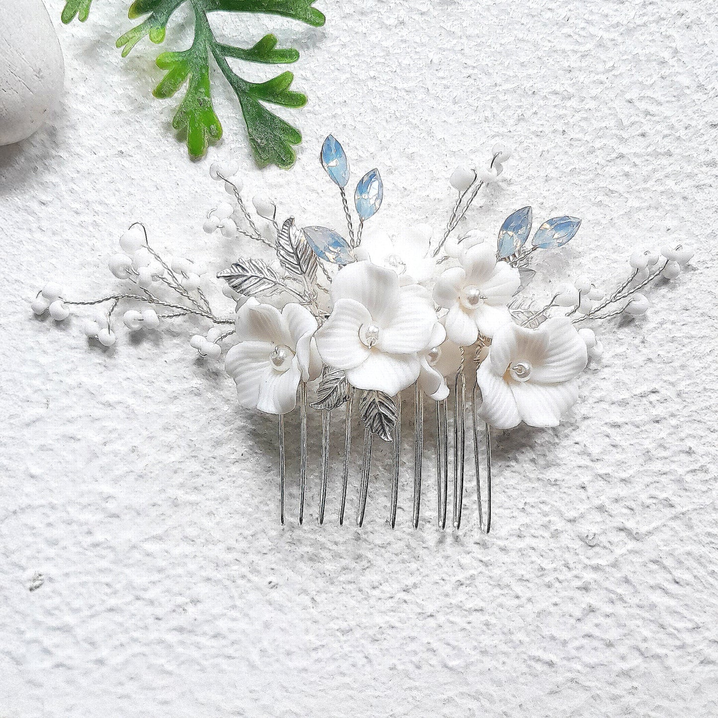 Bridal Hairpiece for Updo, Small Silver Floral Hair Comb with Porcelain Flowers
