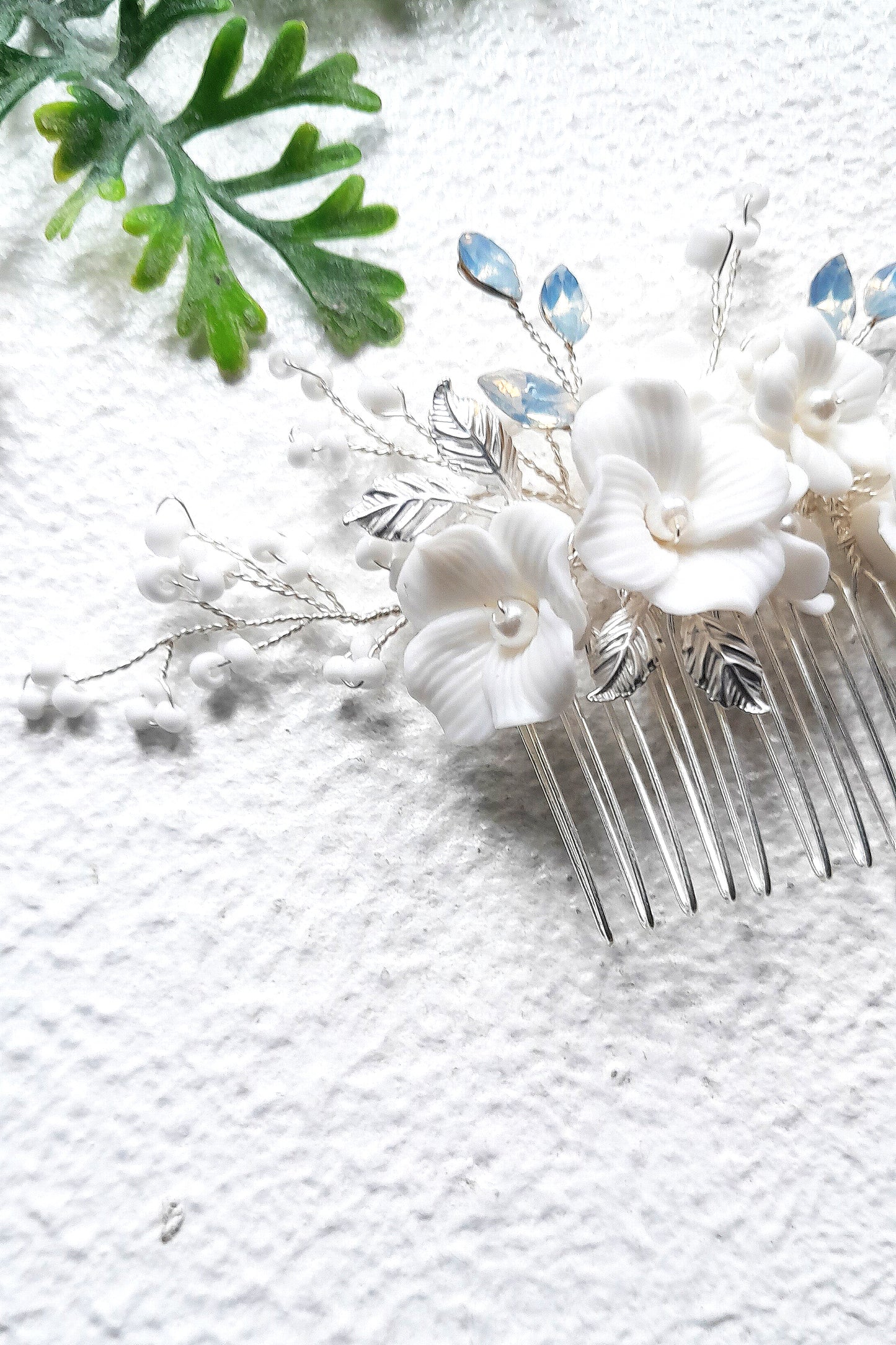 Bridal Hairpiece for Updo, Small Silver Floral Hair Comb with Porcelain Flowers