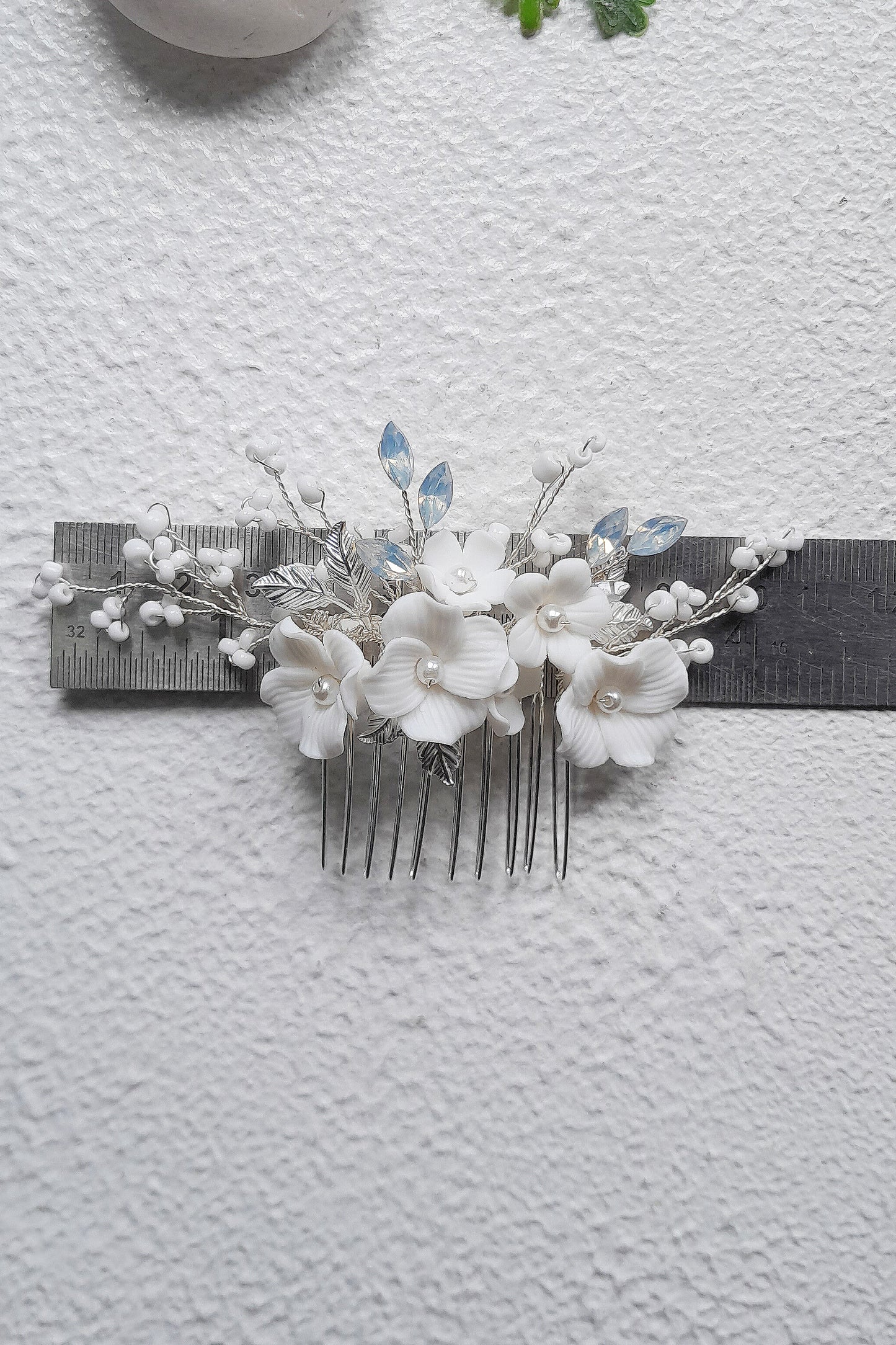Bridal Hairpiece for Updo, Small Silver Floral Hair Comb with Porcelain Flowers