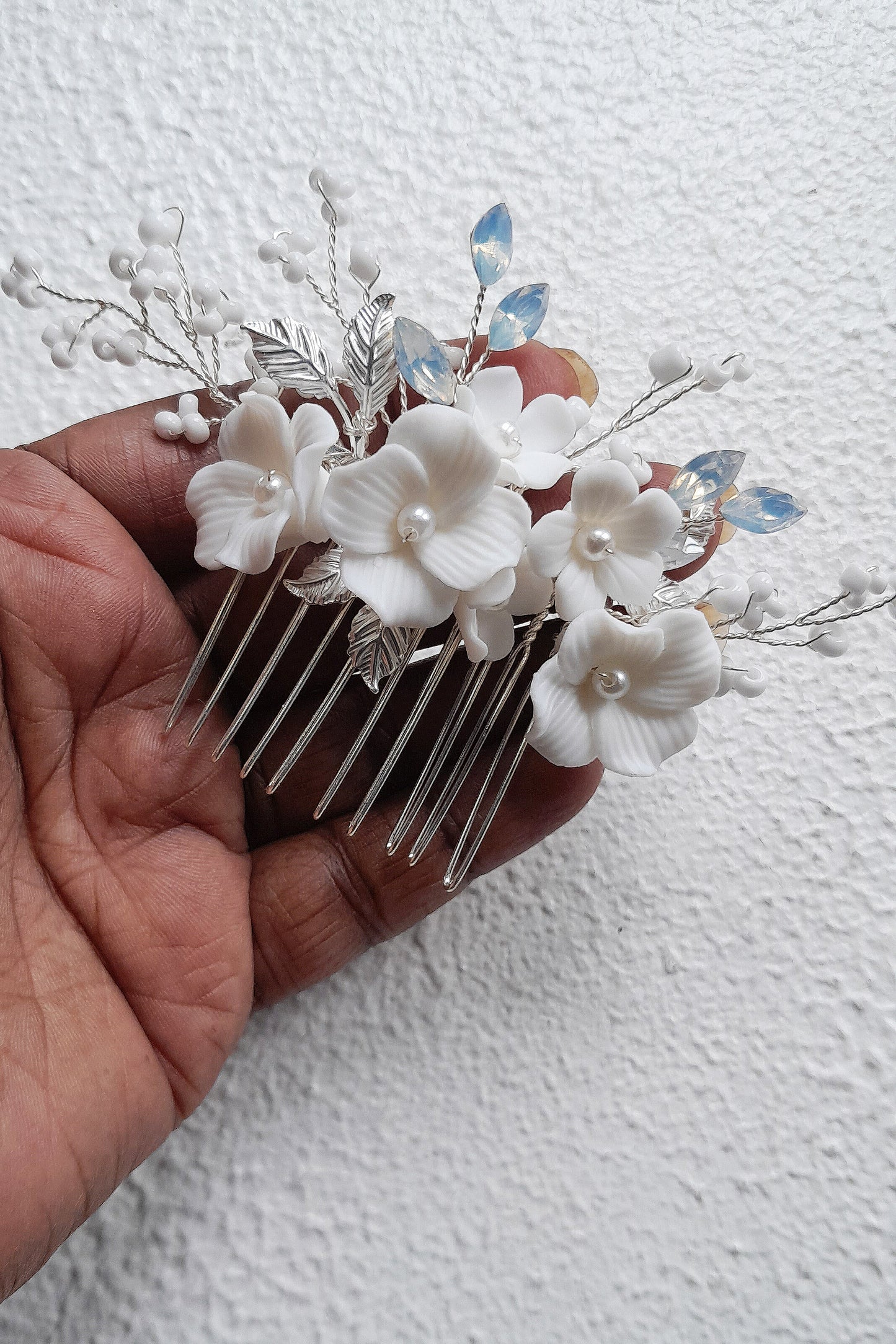 Bridal Hairpiece for Updo, Small Silver Floral Hair Comb with Porcelain Flowers