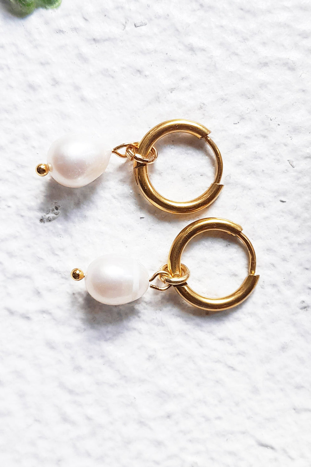 Small Gold Hoop Earrings with Oval Baroque Pearls