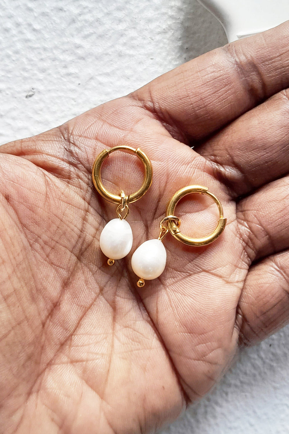 Small Gold Hoop Earrings with Oval Baroque Pearls