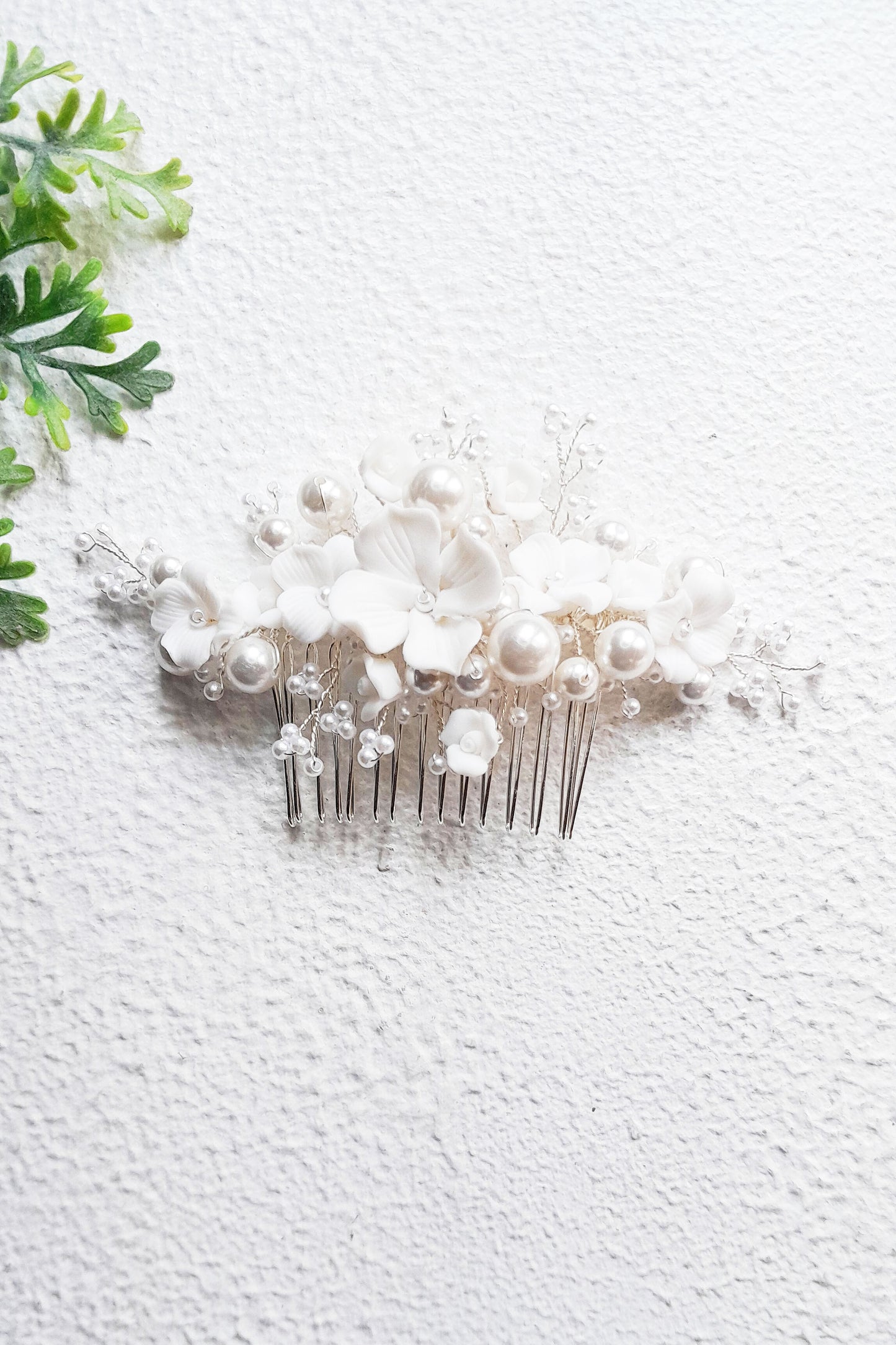 Ceramic Wedding Hair Comb Silver with pearls