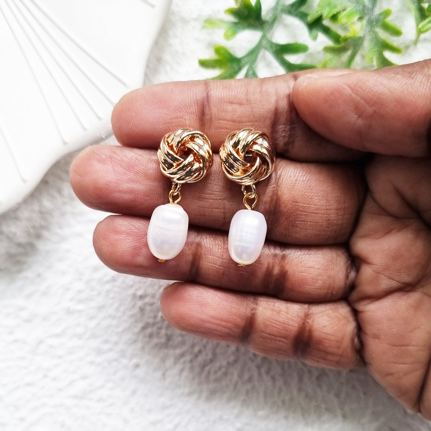 Gold Knot Pearl Drop Earrings - Baroque Pearl, Bridesmaid Gift