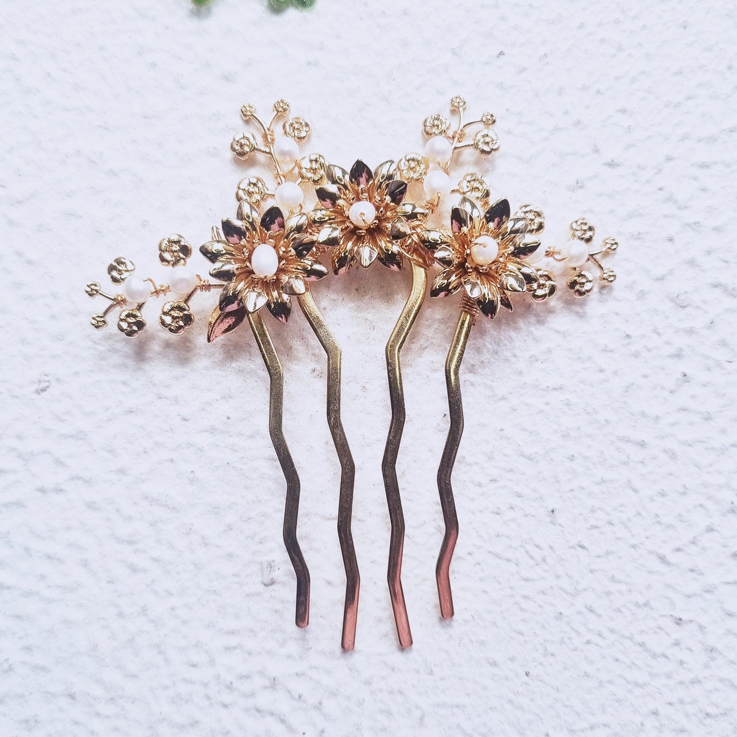 Gold Floral Hair Comb - Pearl Bridal Hair Fork, Boho Wedding Accessory
