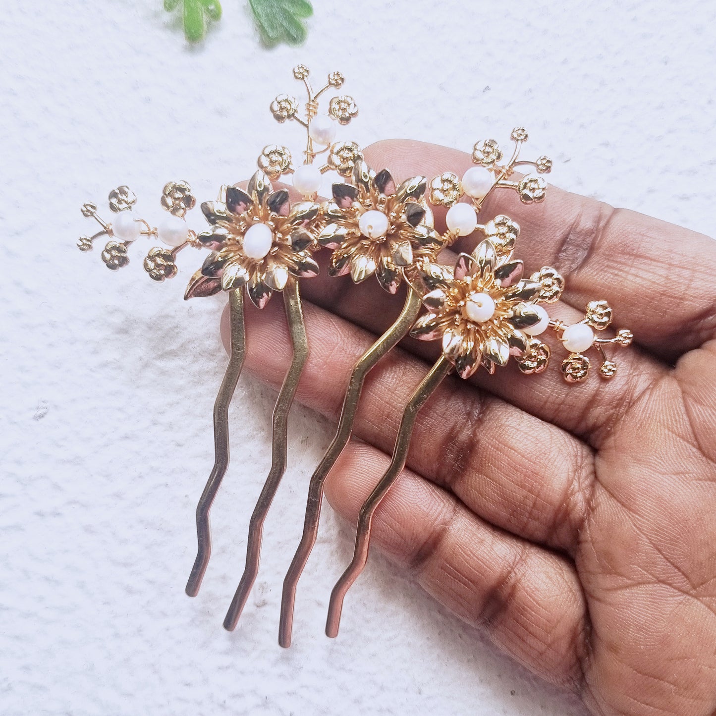 Gold Floral Hair Comb - Pearl Bridal Hair Fork, Boho Wedding Accessory