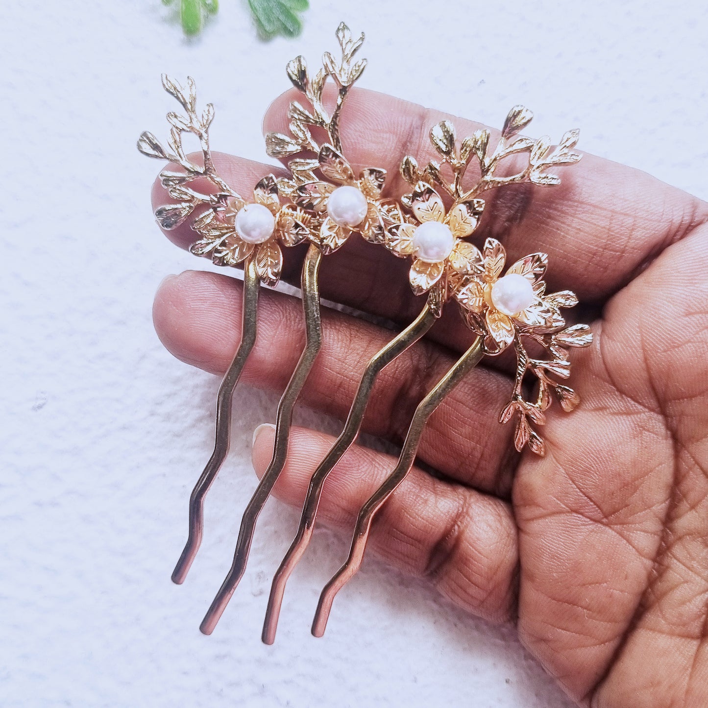 Gold Floral Hair Comb - Pearl Bridal Hair Fork, Boho Wedding Accessory