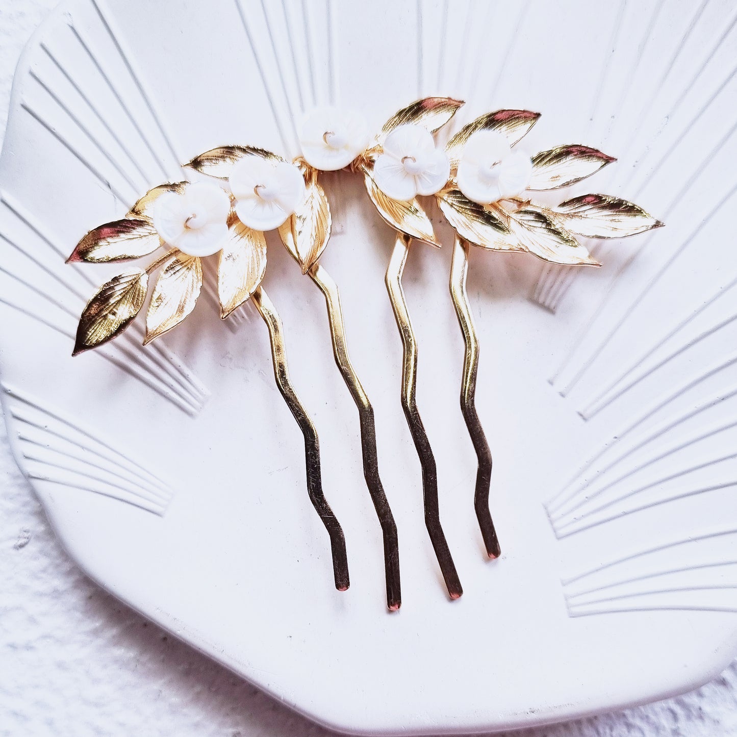 Boho Wedding Hair Fork - Gold Floral Comb with Pearls, Bridal Accessory