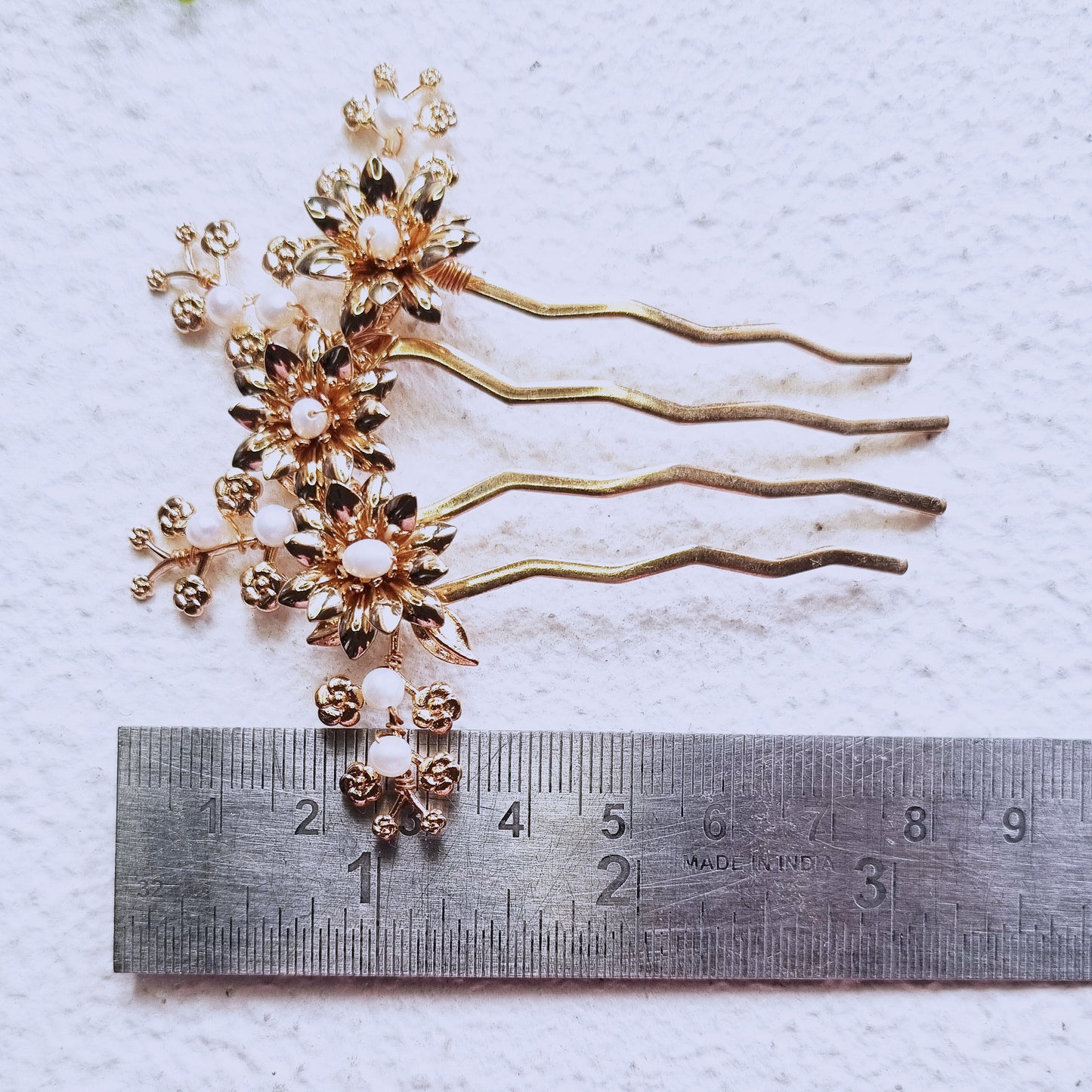 Gold Floral Hair Comb - Pearl Bridal Hair Fork, Boho Wedding Accessory