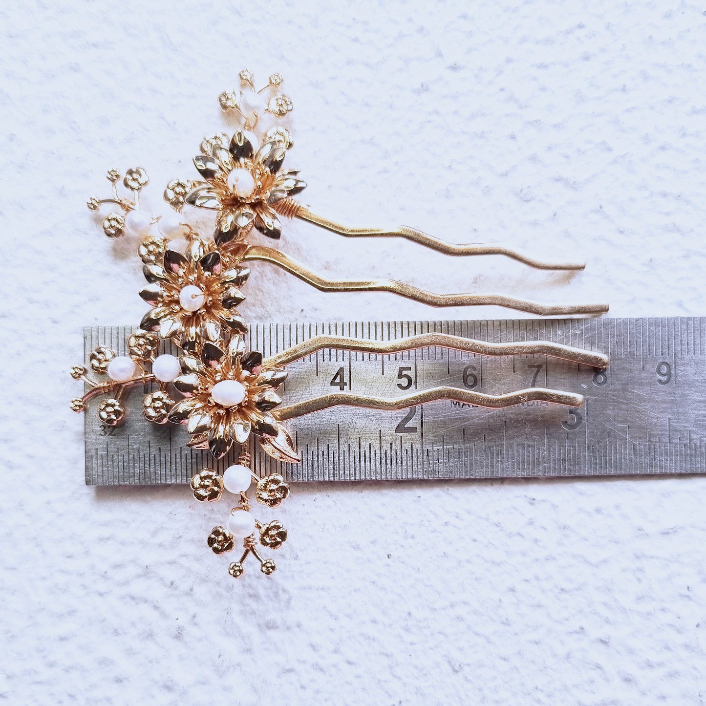 Gold Floral Hair Comb - Pearl Bridal Hair Fork, Boho Wedding Accessory