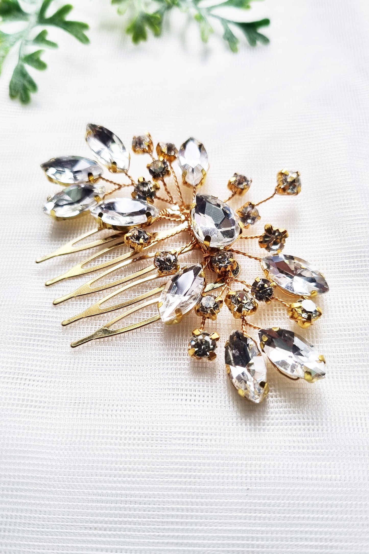 Crystal Leaf Bridal Comb in Gold and Silver