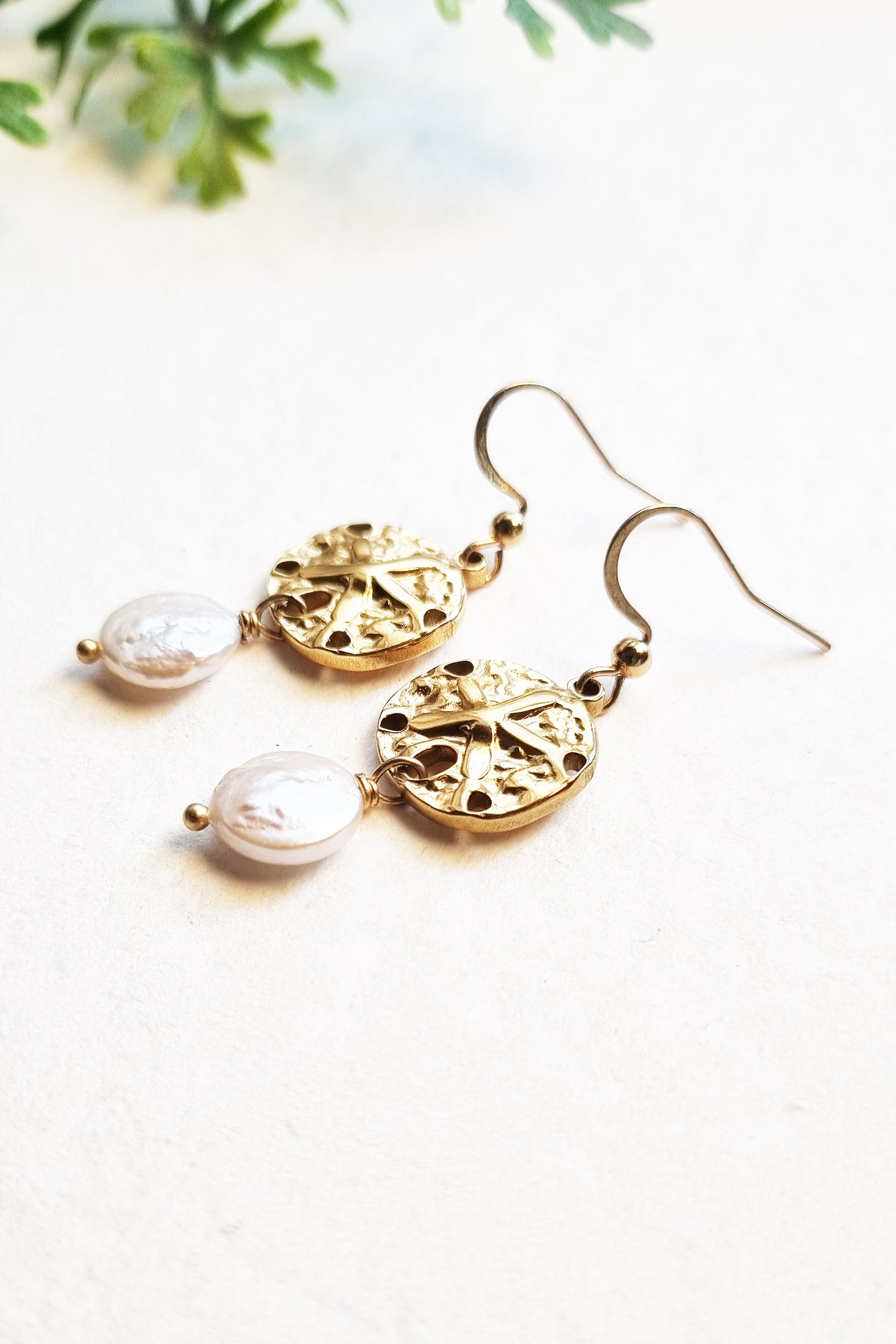 Gold Ocean Inspired Sand Dollar & Pearl Drop Earrings