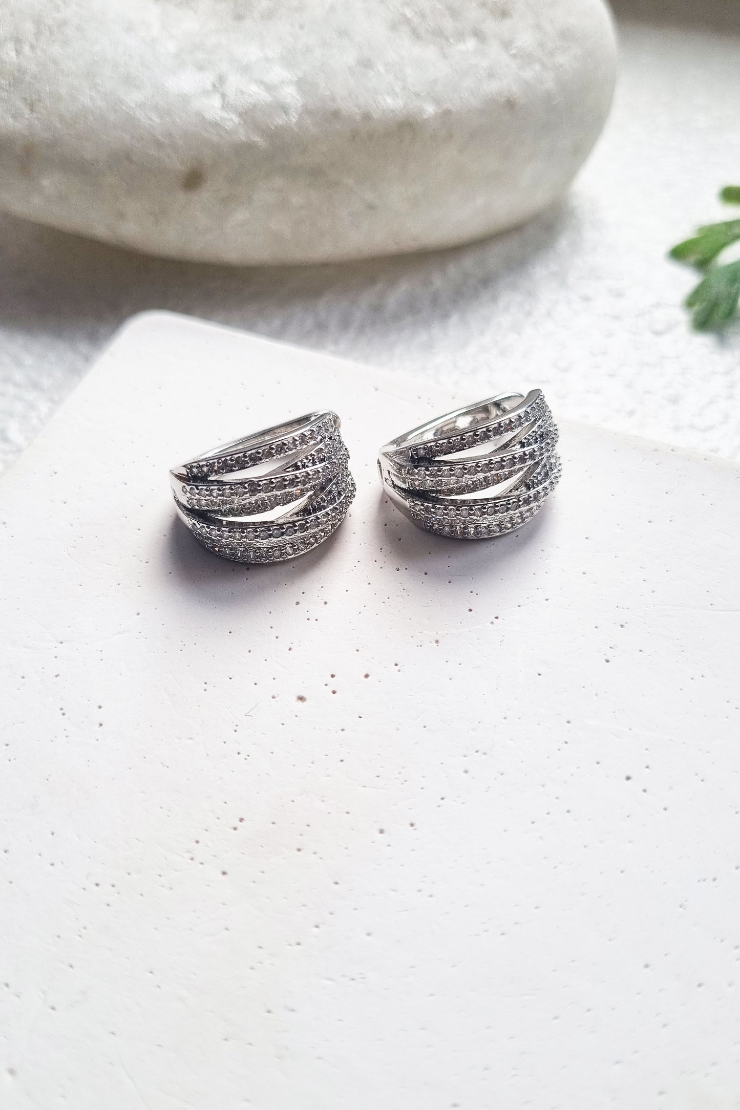 Wide Silver CZ Multi Row Hoop Earrings