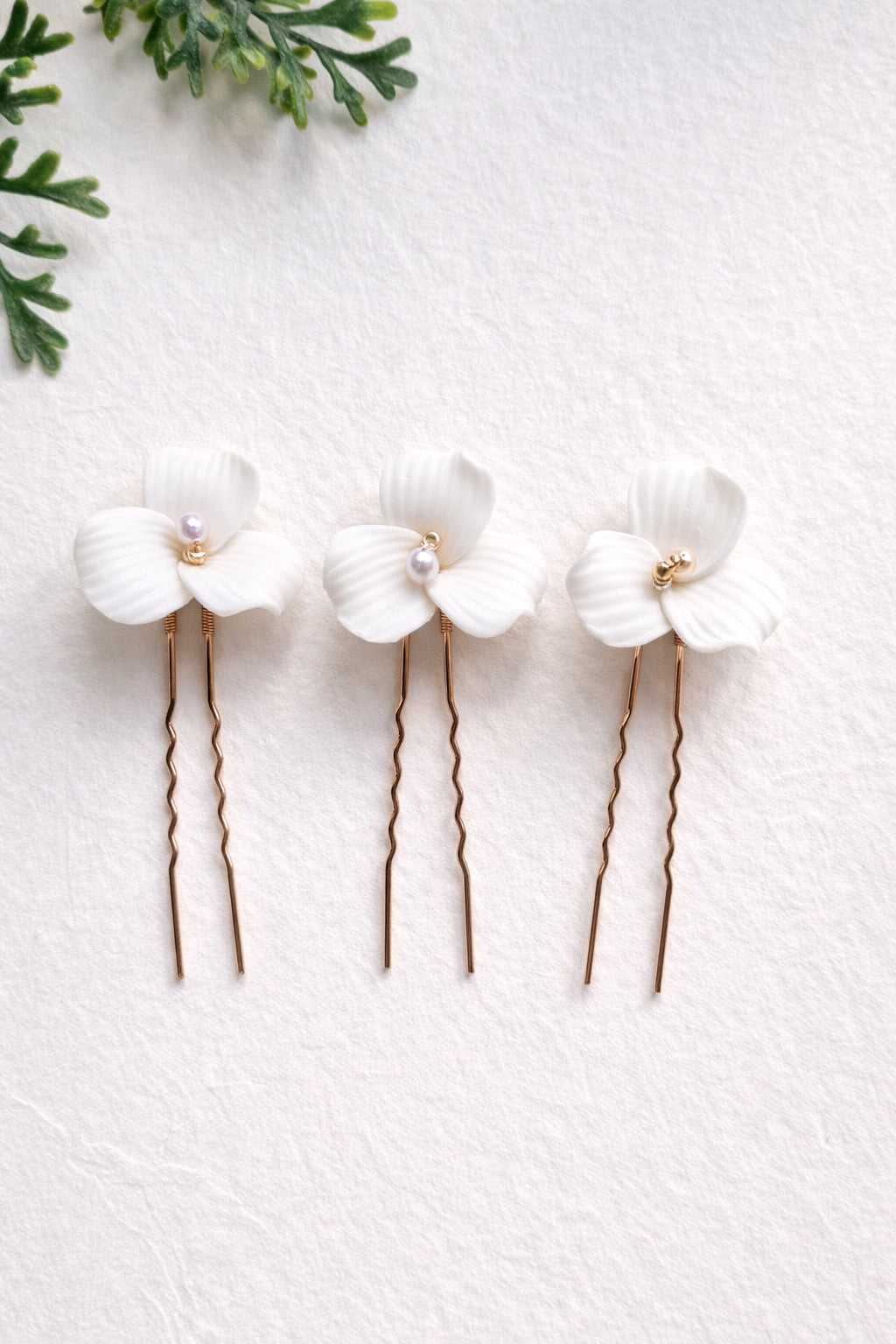 Ceramic Flower Bridal Hair Pins Set of 3 | Gold & Silver