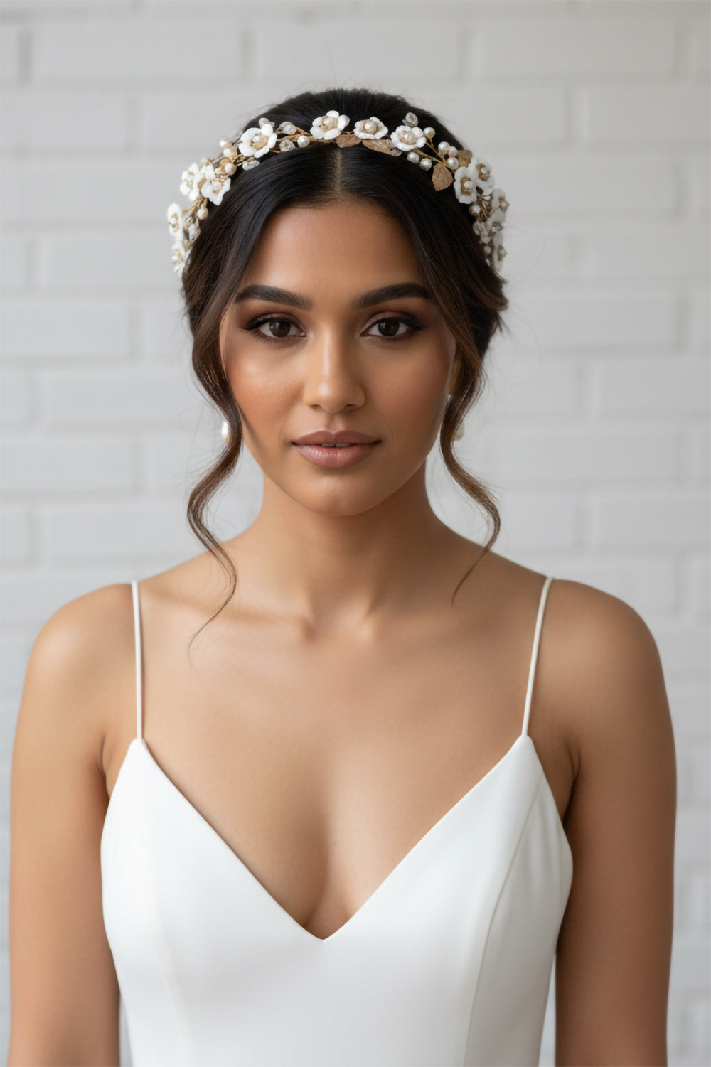 Gold Leaf and Pearl Flower Bridal Headband | Floral Vine