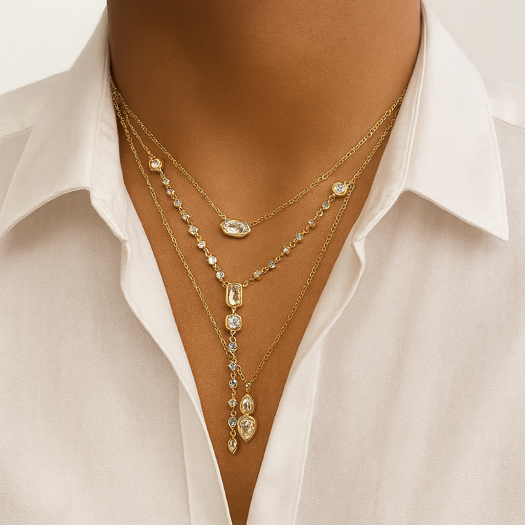 18K Gold Plated Lariat Necklace - Bezel Set CZ