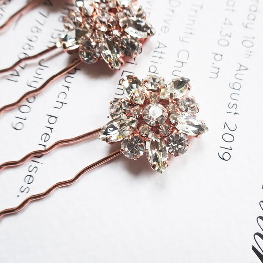 Rose gold flower Crystal Hair Pins for Wedding Set of 4