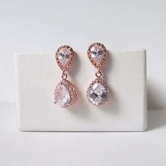Gold teardrop crystal bridal earrings, bridal jewelry set