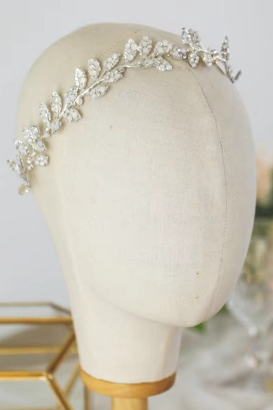 Opal Crystal Silver Leaf Headband | Bridal