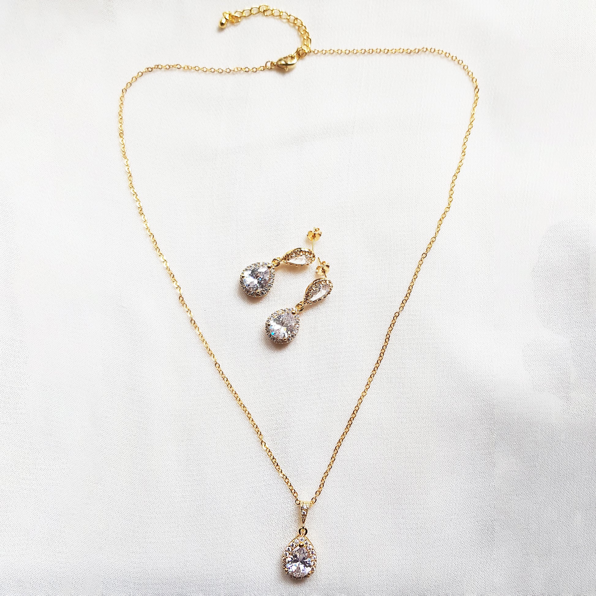 Gold teardrop crystal bridal earrings, bridal jewelry set