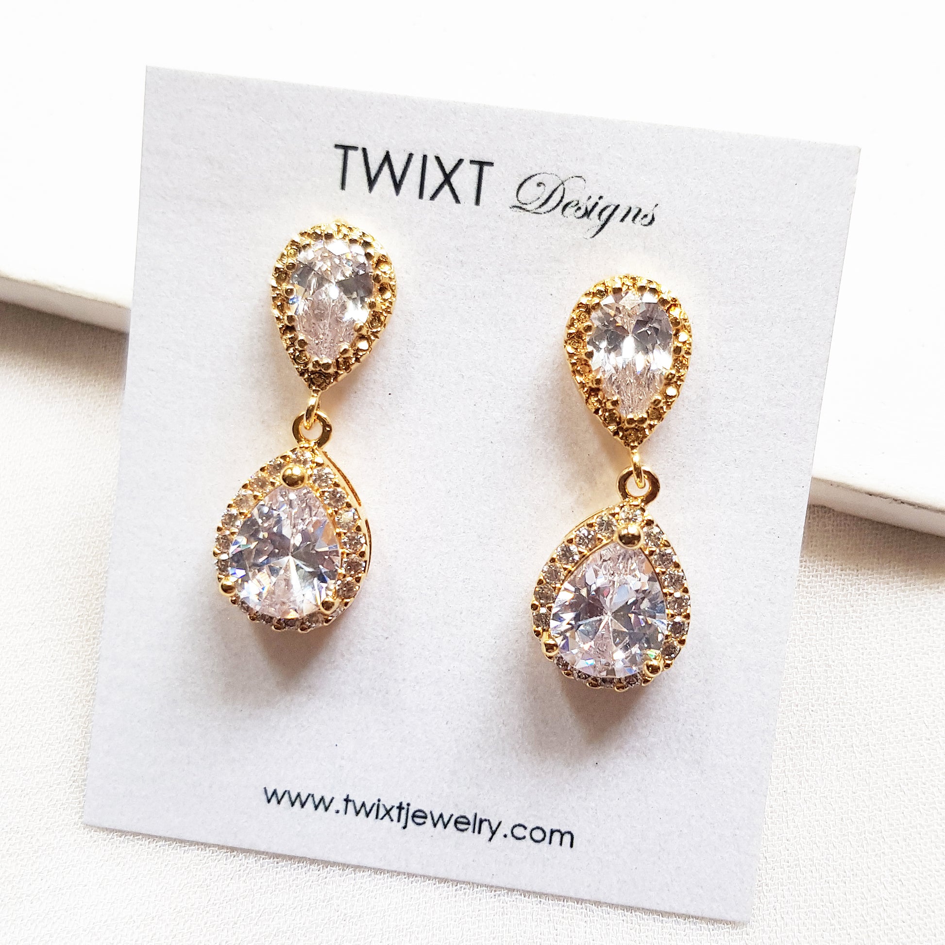 Gold teardrop crystal bridal earrings, bridal jewelry set