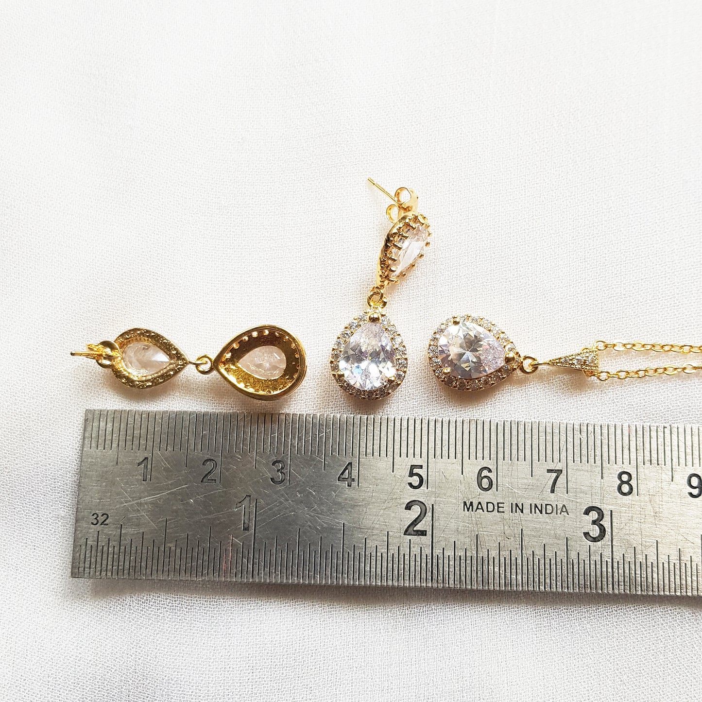 Gold teardrop crystal bridal earrings, bridal jewelry set