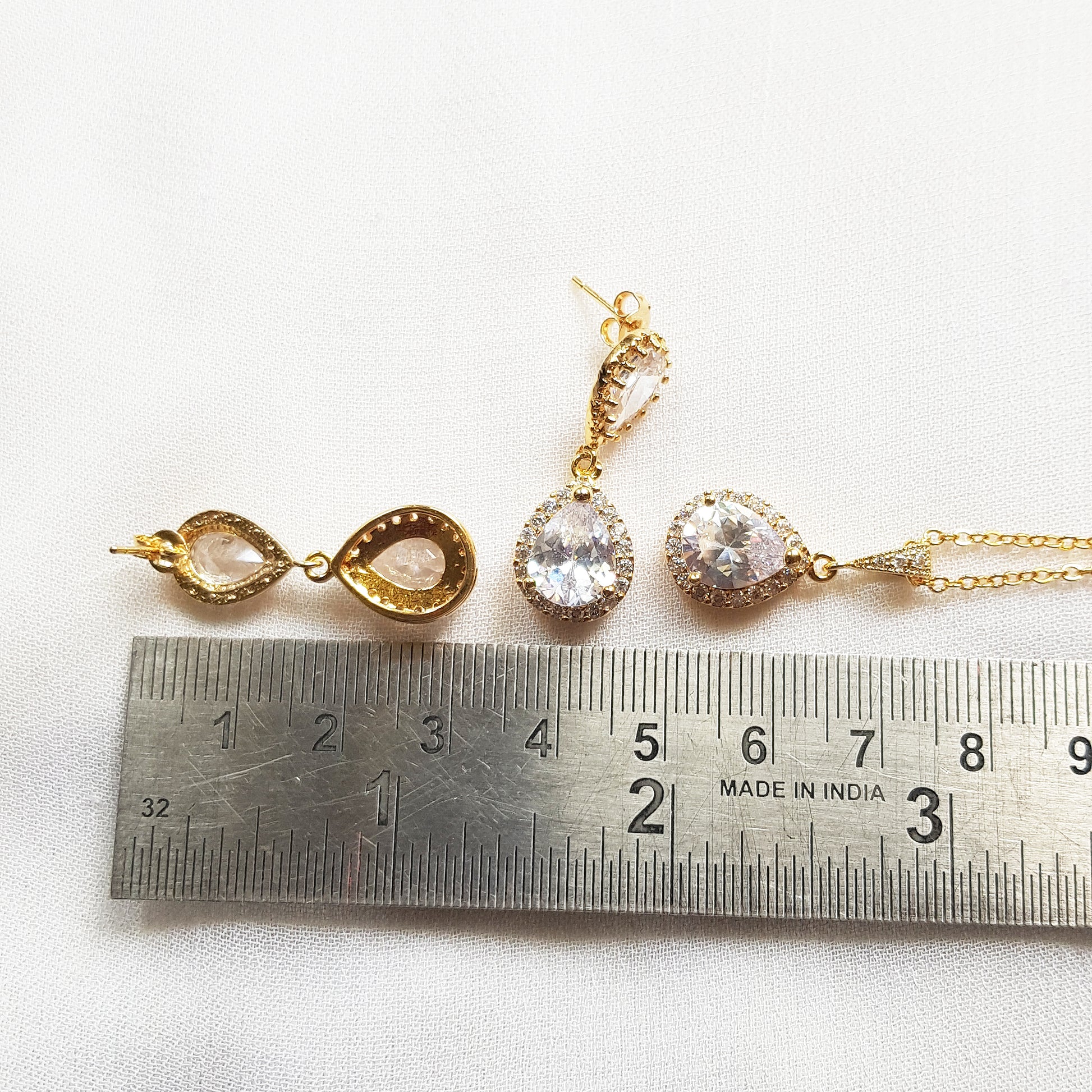 Gold teardrop crystal bridal earrings, bridal jewelry set