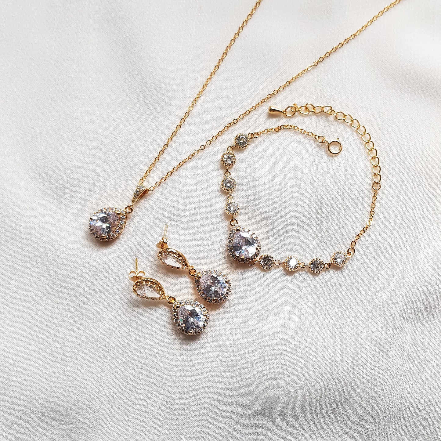 Gold teardrop crystal bridal earrings, bridal jewelry set