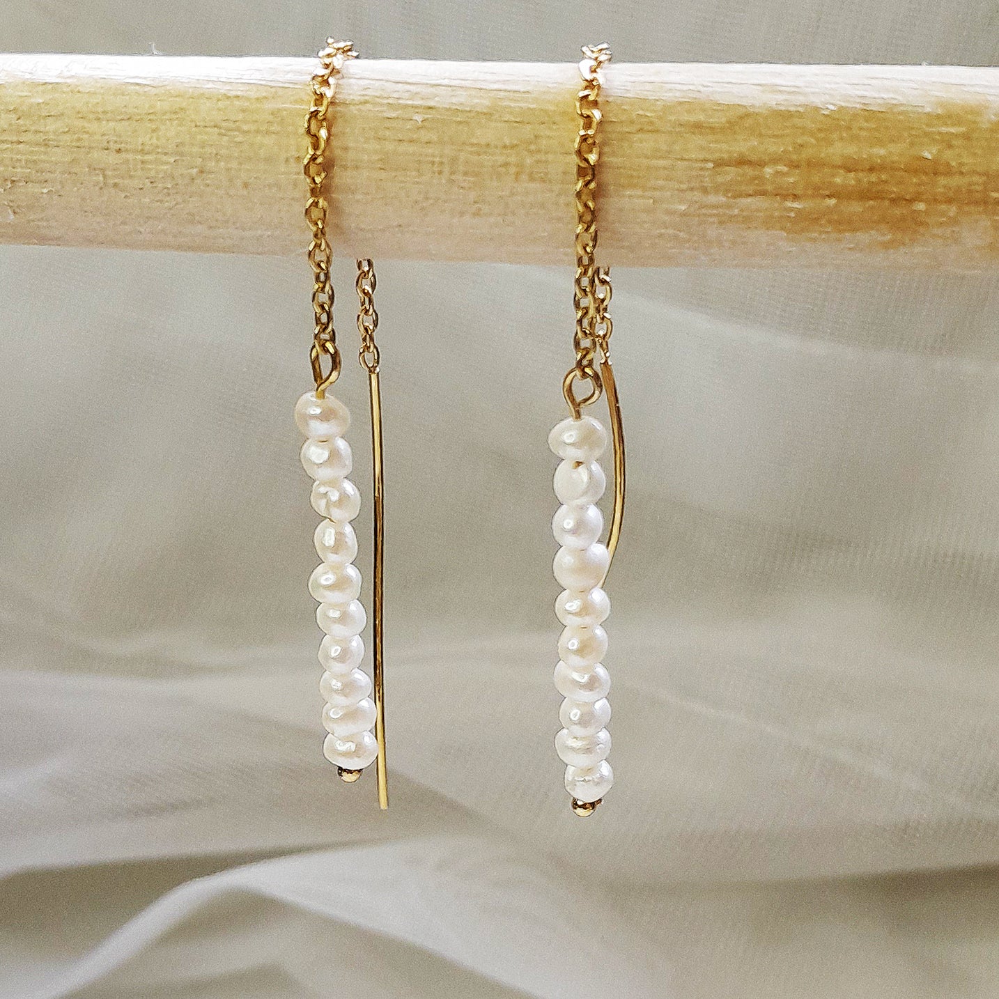 Tiny Pearl Threader Earrings - Waterproof Gold