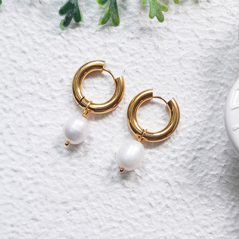 Chunky Gold Pearl Hoop Earrings