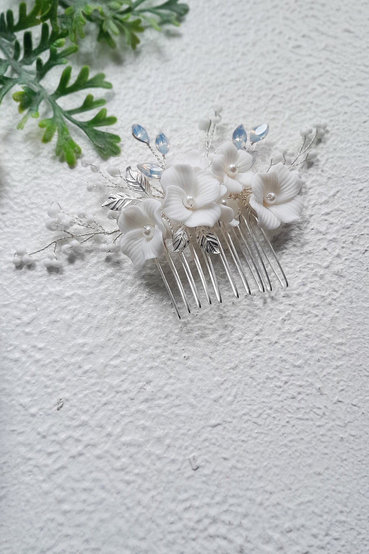 Bridal Hairpiece for Updo, Small Silver Floral Hair Comb with Porcelain Flowers