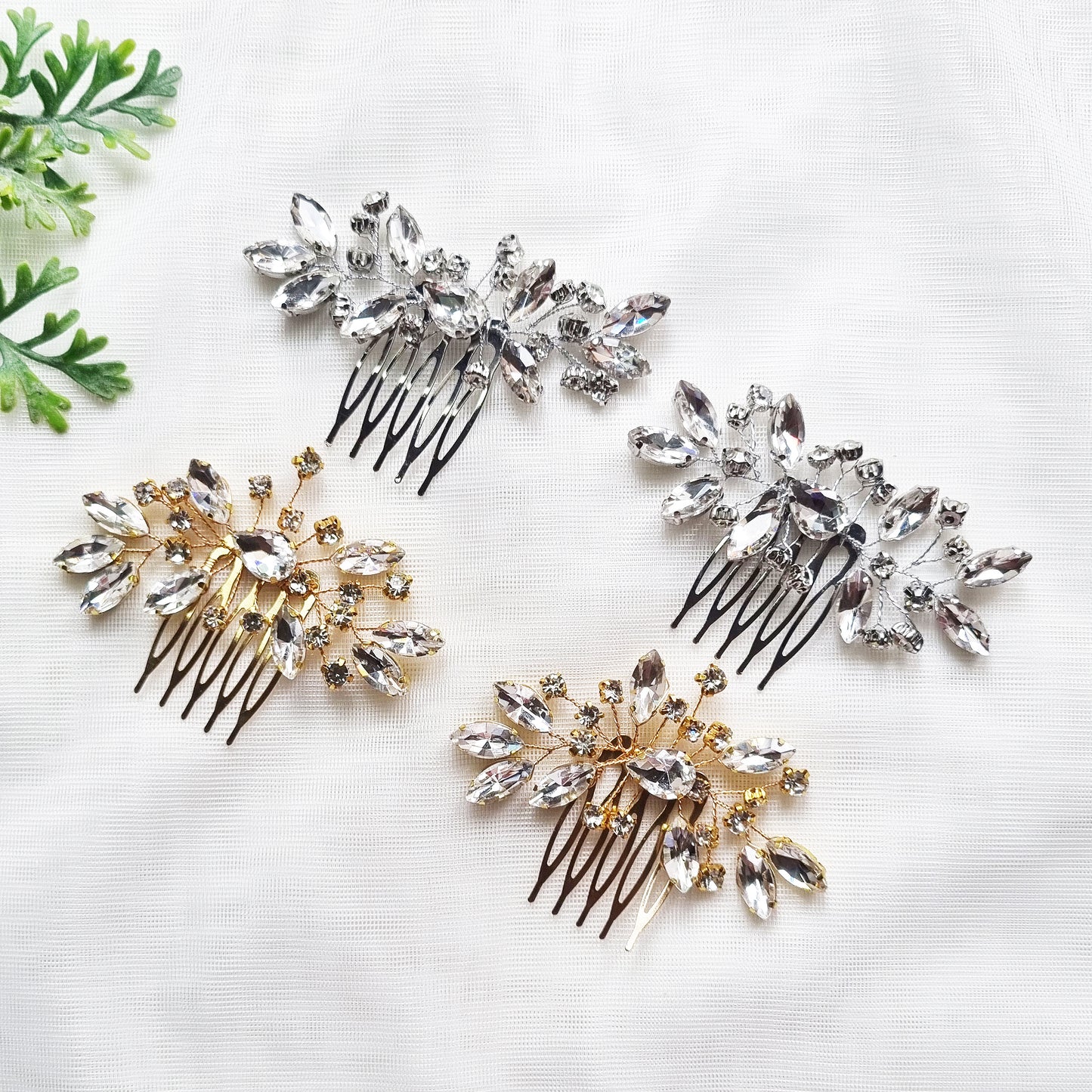 Crystal Leaf Bridal Comb in Gold and Silver