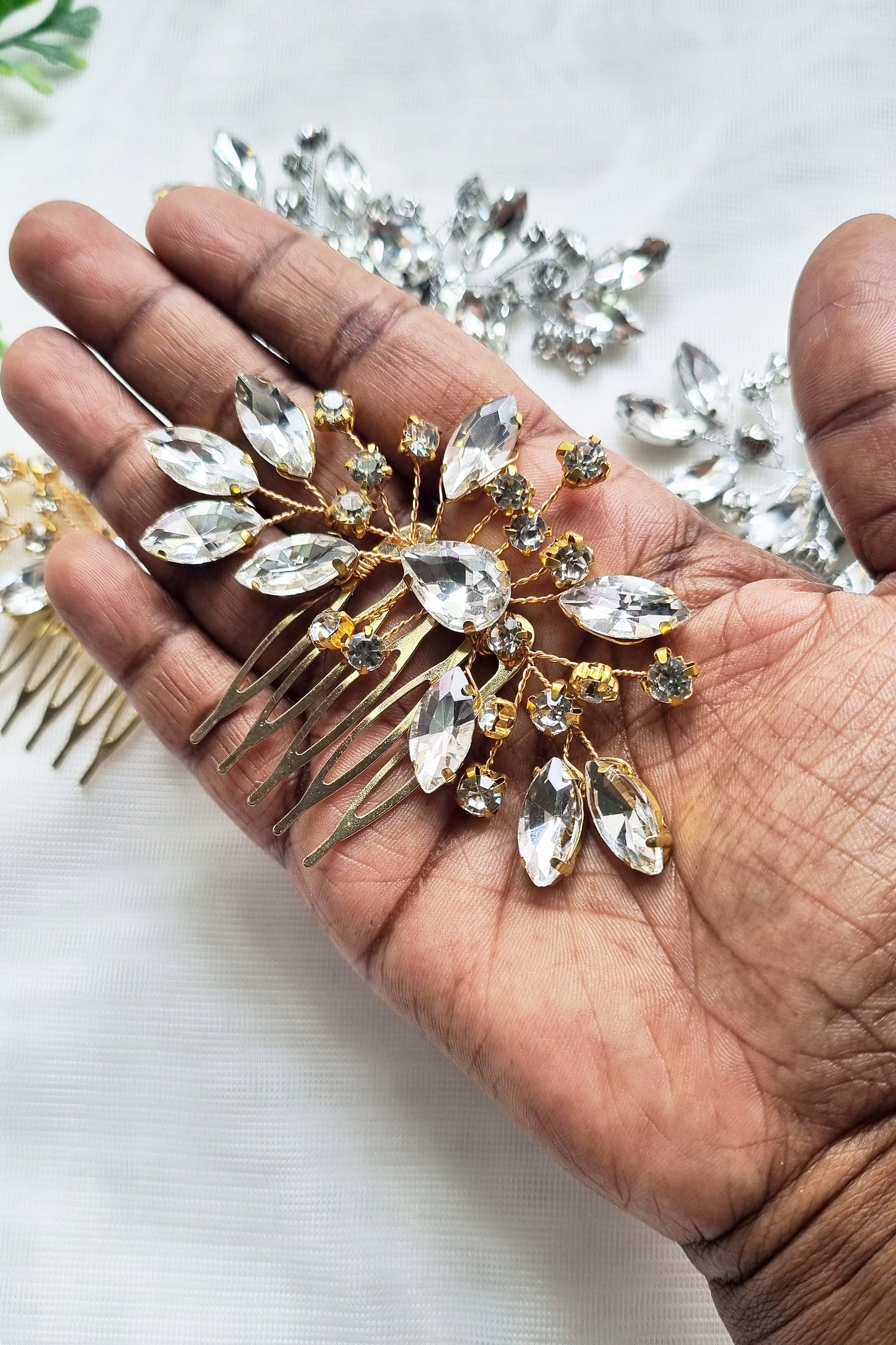 Crystal Leaf Bridal Comb in Gold and Silver