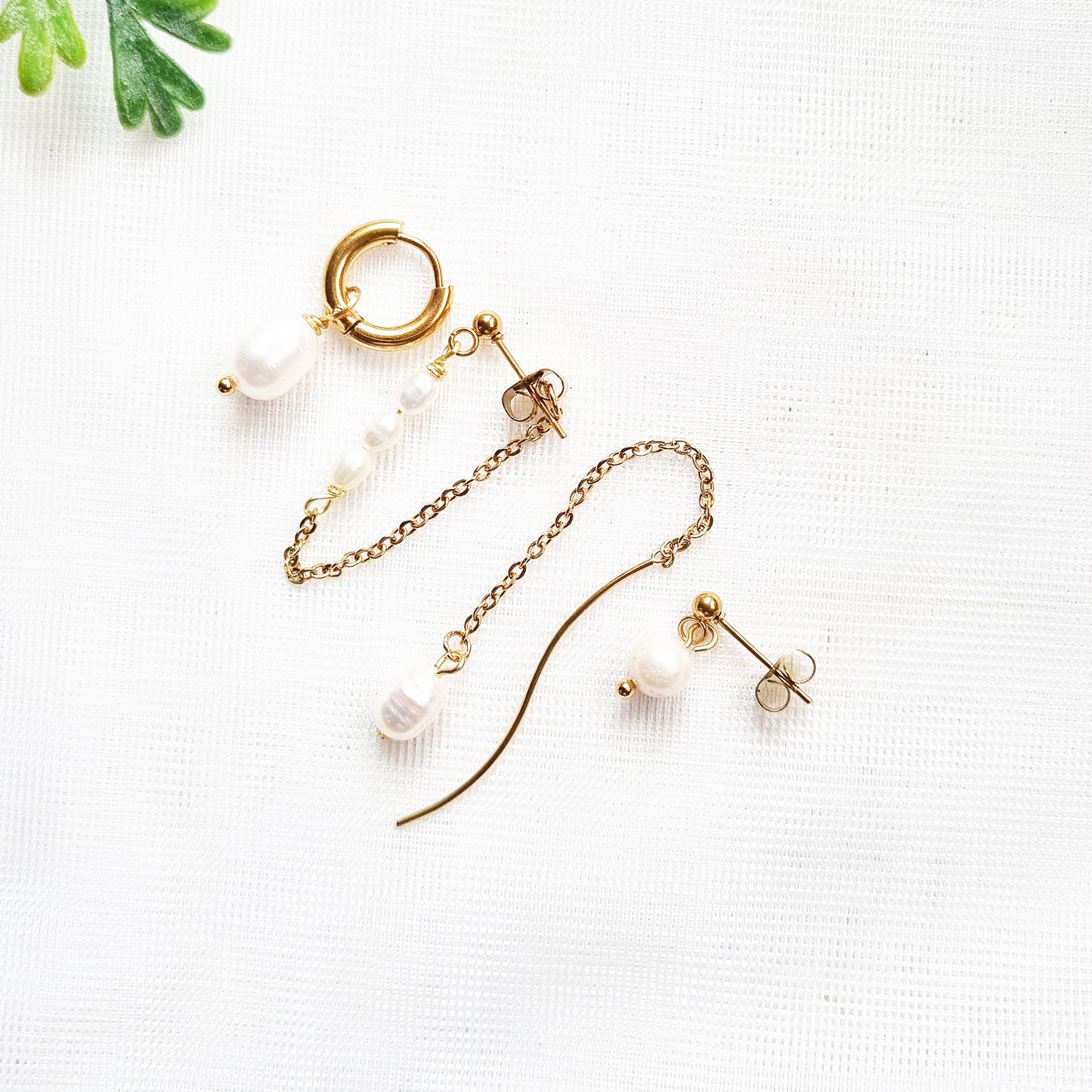 Dangle Pearl Earrings Set | Multi Piercing Gold