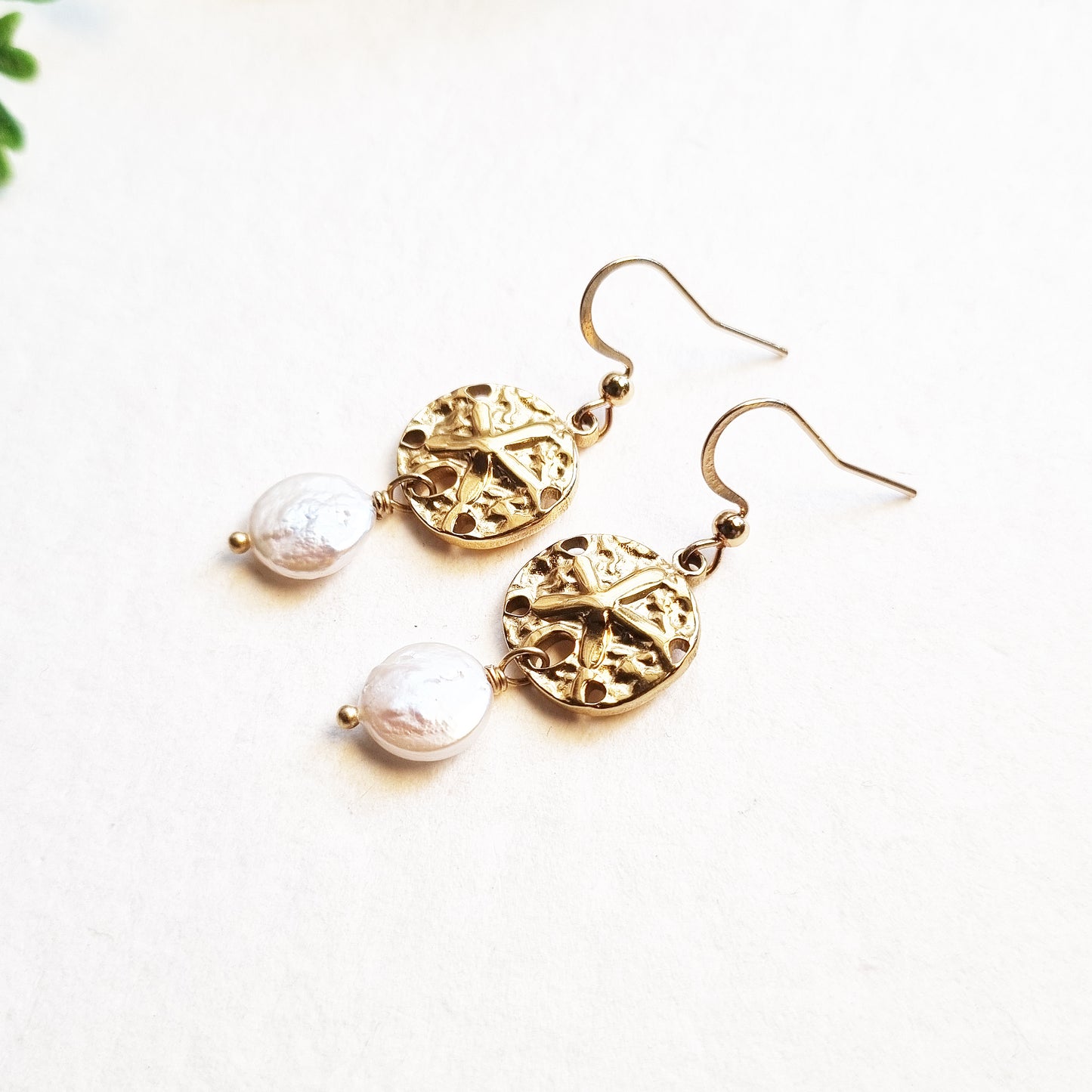 Gold Ocean Inspired Sand Dollar & Pearl Drop Earrings
