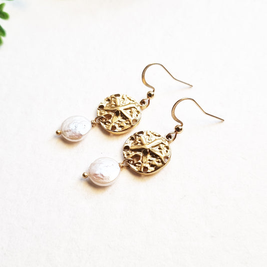 Gold Ocean Inspired Sand Dollar & Pearl Drop Earrings