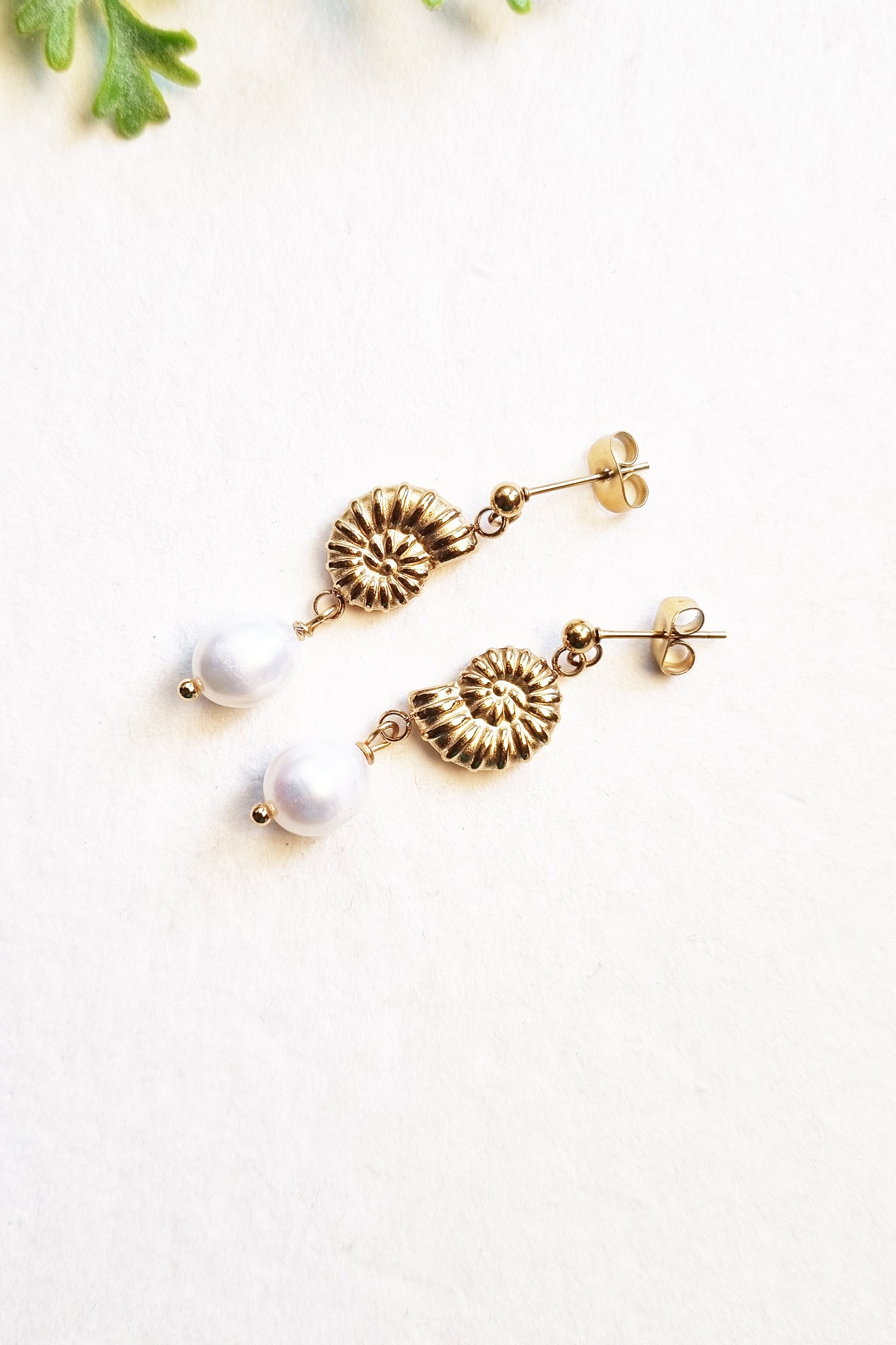 Gold Conch Shell Pearl Drop Earrings