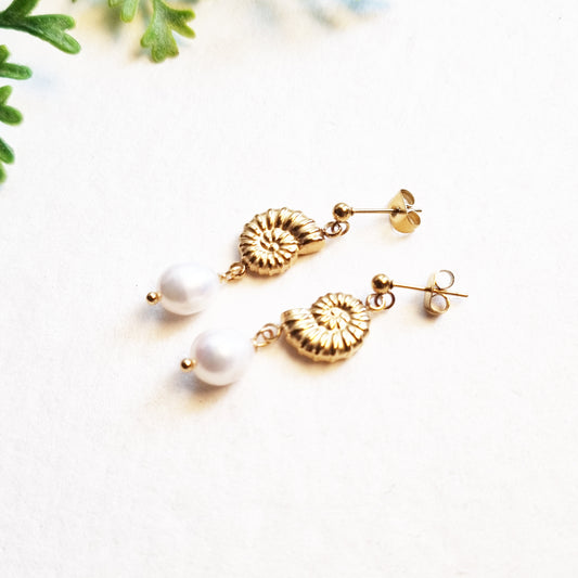 Gold Conch Shell Pearl Drop Earrings