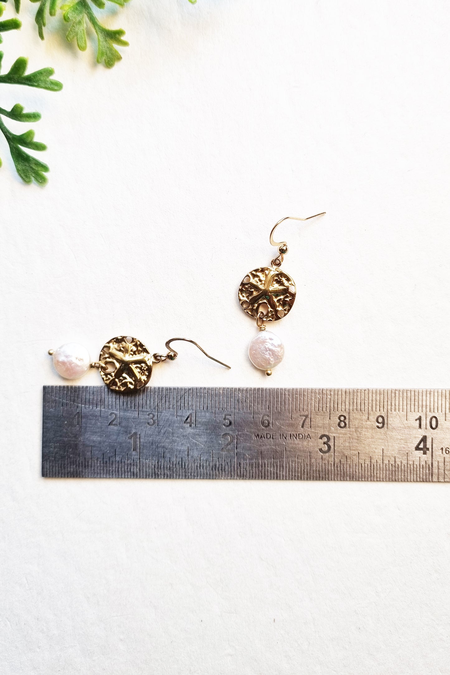 Gold Ocean Inspired Sand Dollar & Pearl Drop Earrings