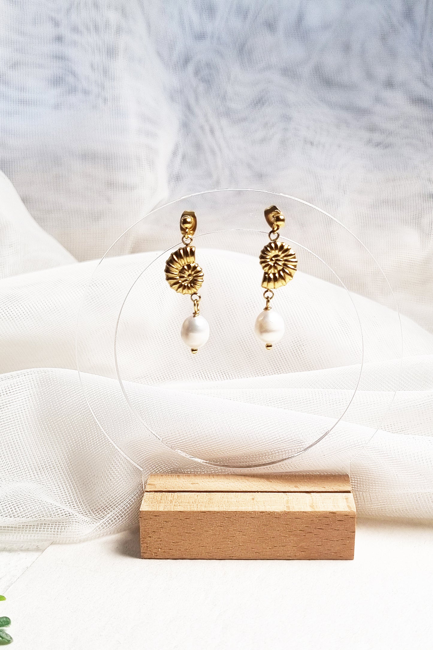 Gold Conch Shell Pearl Drop Earrings