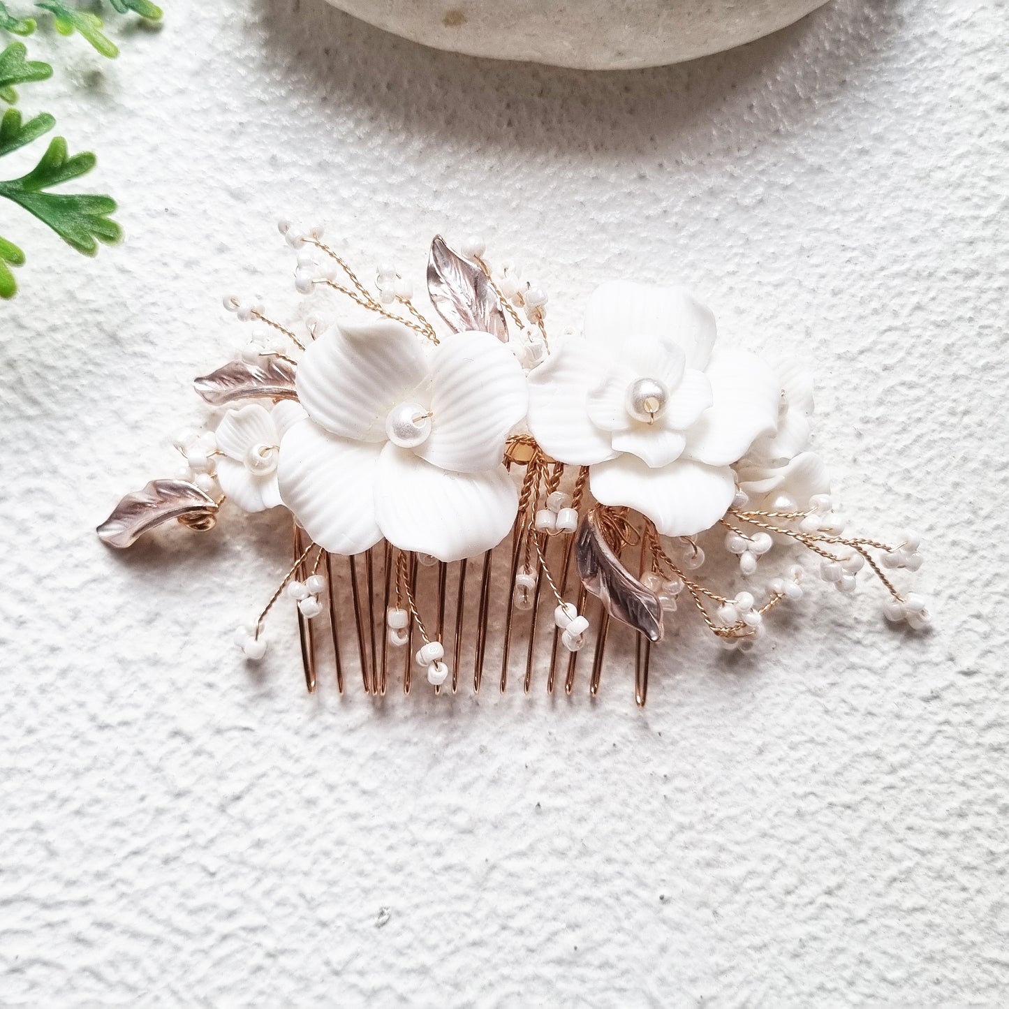 Gold Ceramic Floral Bridal Comb with Pearls and Rose Gold Leaves