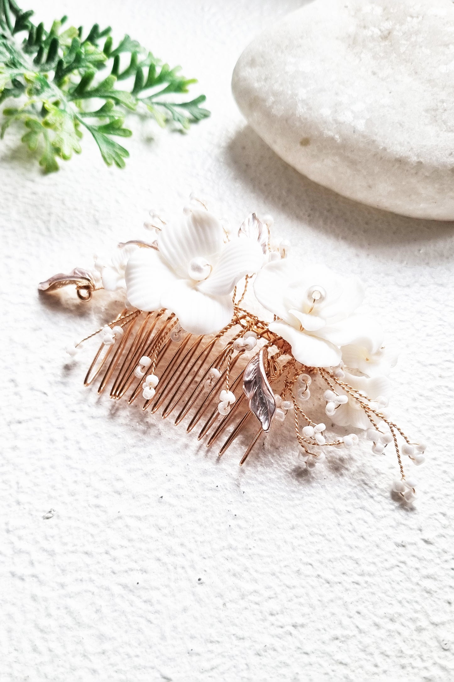 Gold Ceramic Floral Bridal Comb with Pearls and Rose Gold Leaves